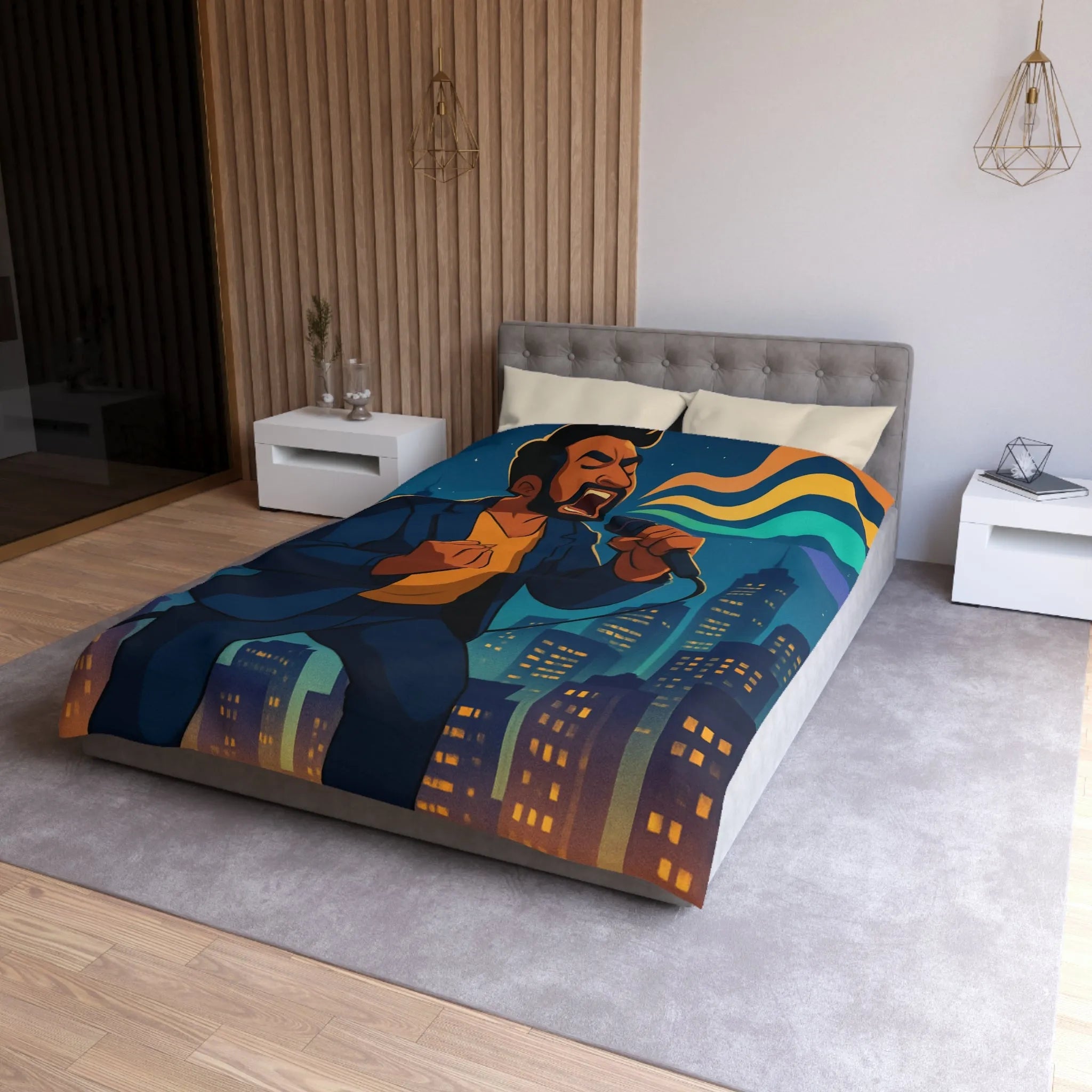 Housse de couette artistique : chanteur vibrant avec coucher de soleil et gratte-ciels