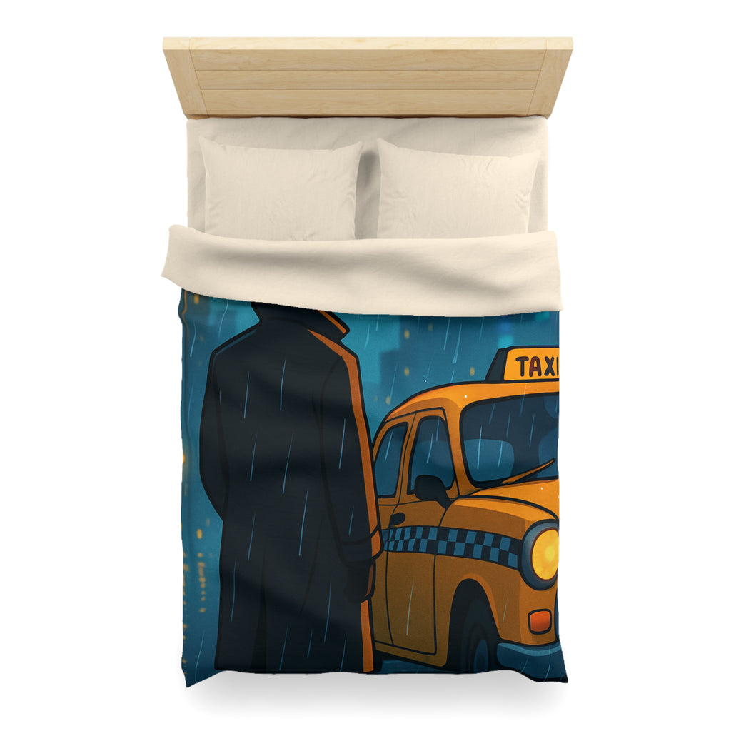 Mystérieux Homme En Imper Parapluie Noir Attendant Taxi Jaune Sous Pluie Urbaine Nocturne