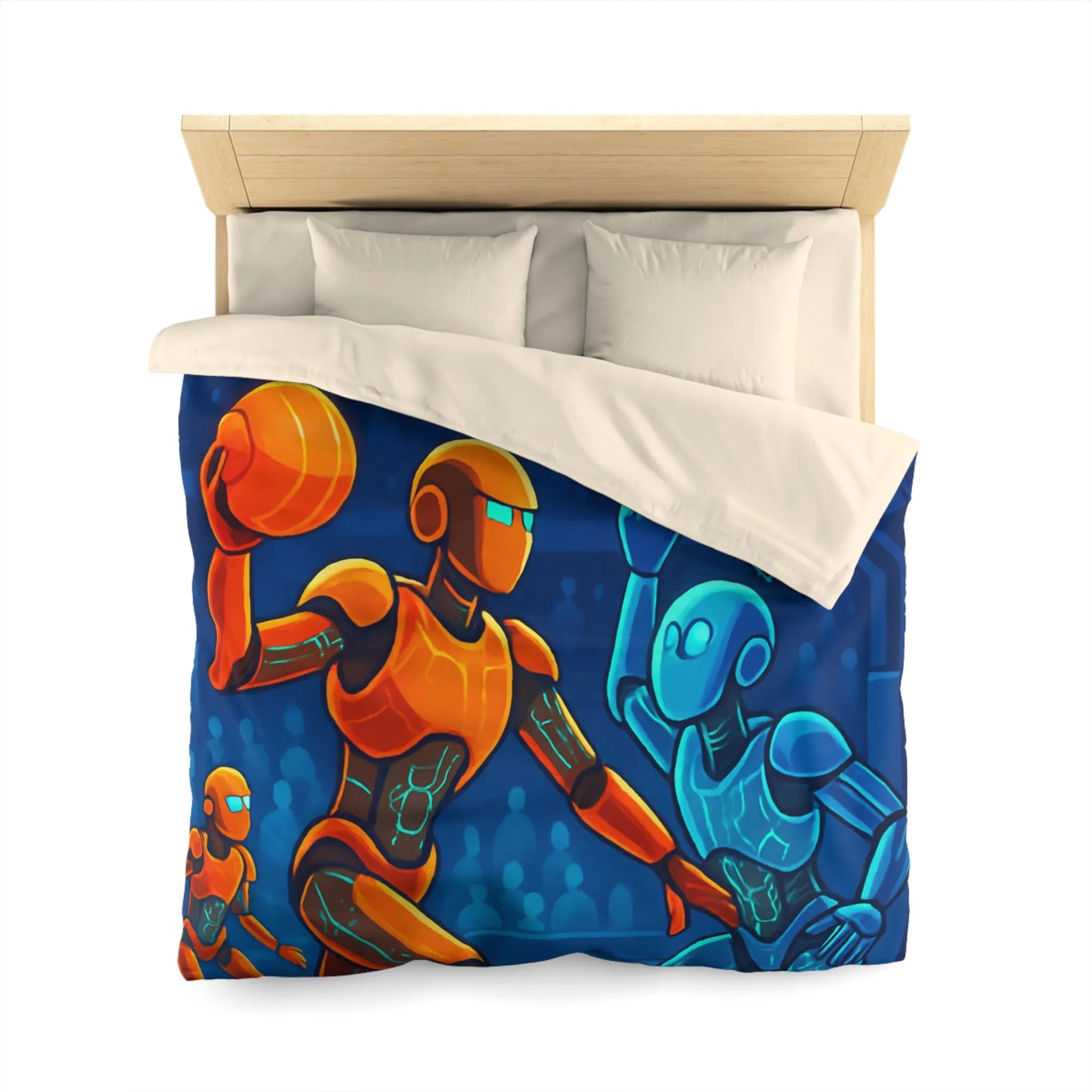 Housse de couette avec motif futuriste de robots jouant au basket sous lumière néon