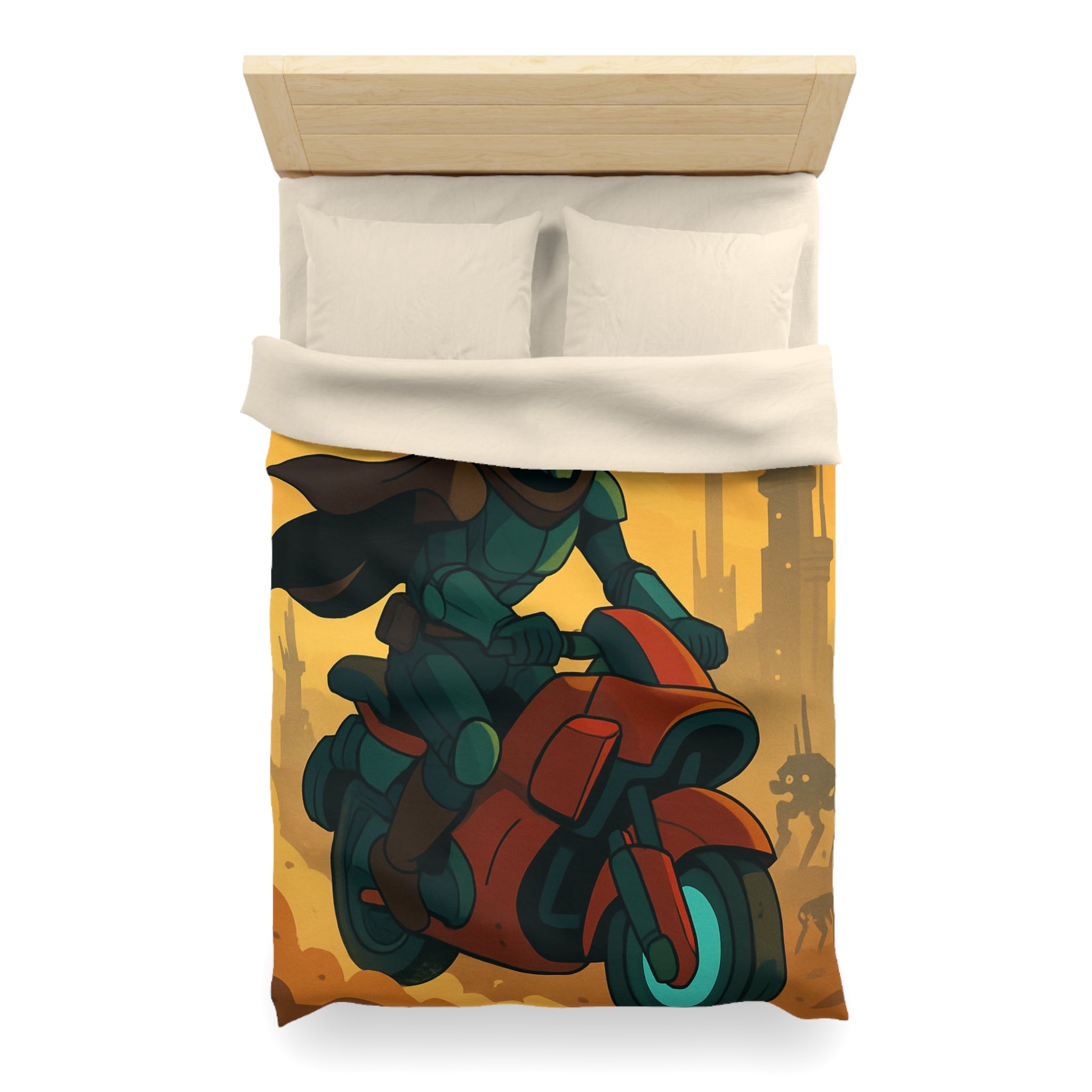 Housse de couette moto futuriste avec pilote en armure et paysage urbain orange