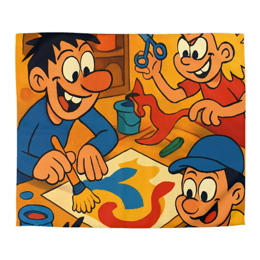 Housse de couette coloriée ludique avec enfants joyeux peignant et créant ensemble dans atelier