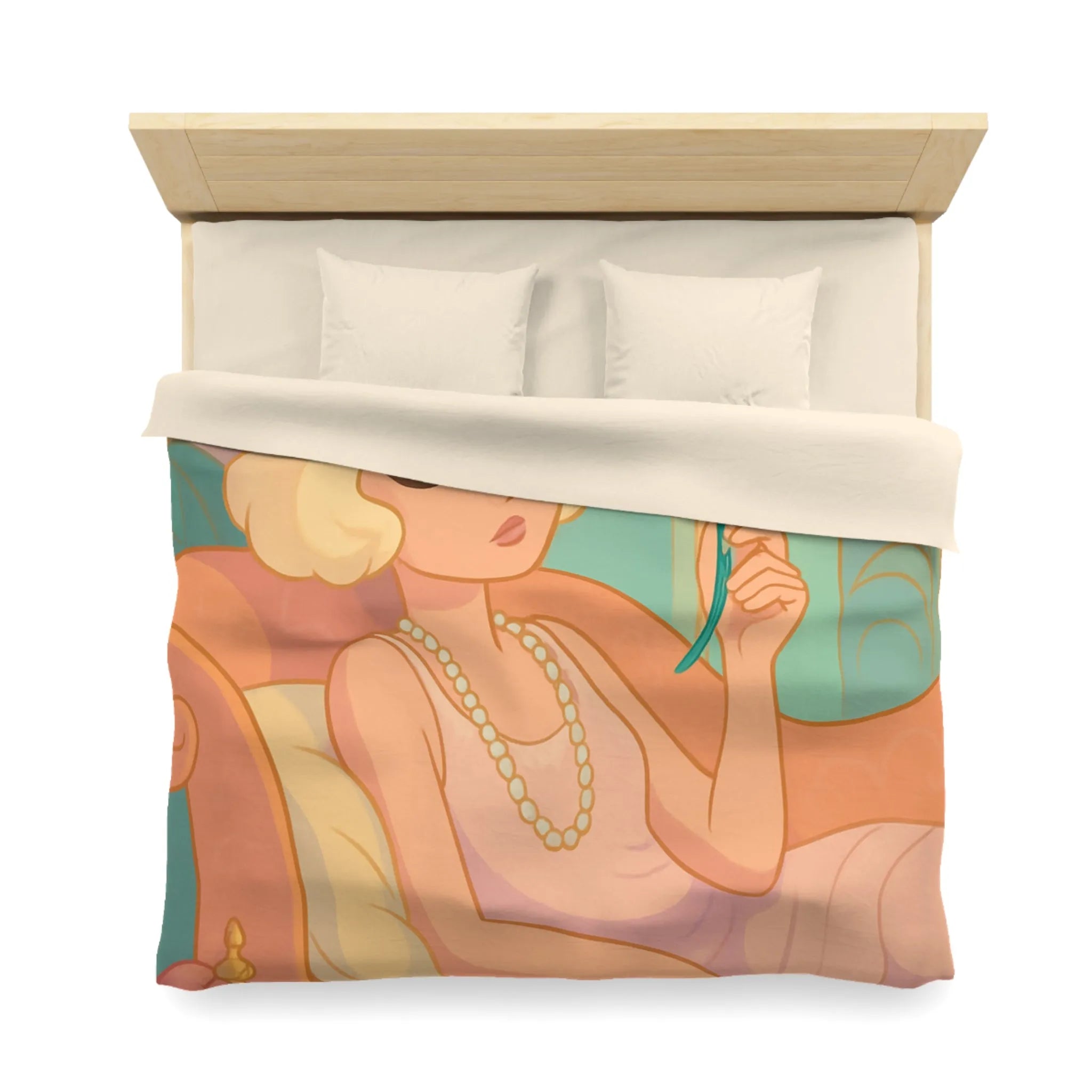 Élégance Art Déco : Femme avec Plume de Paon et Flacons de Parfum Pastels