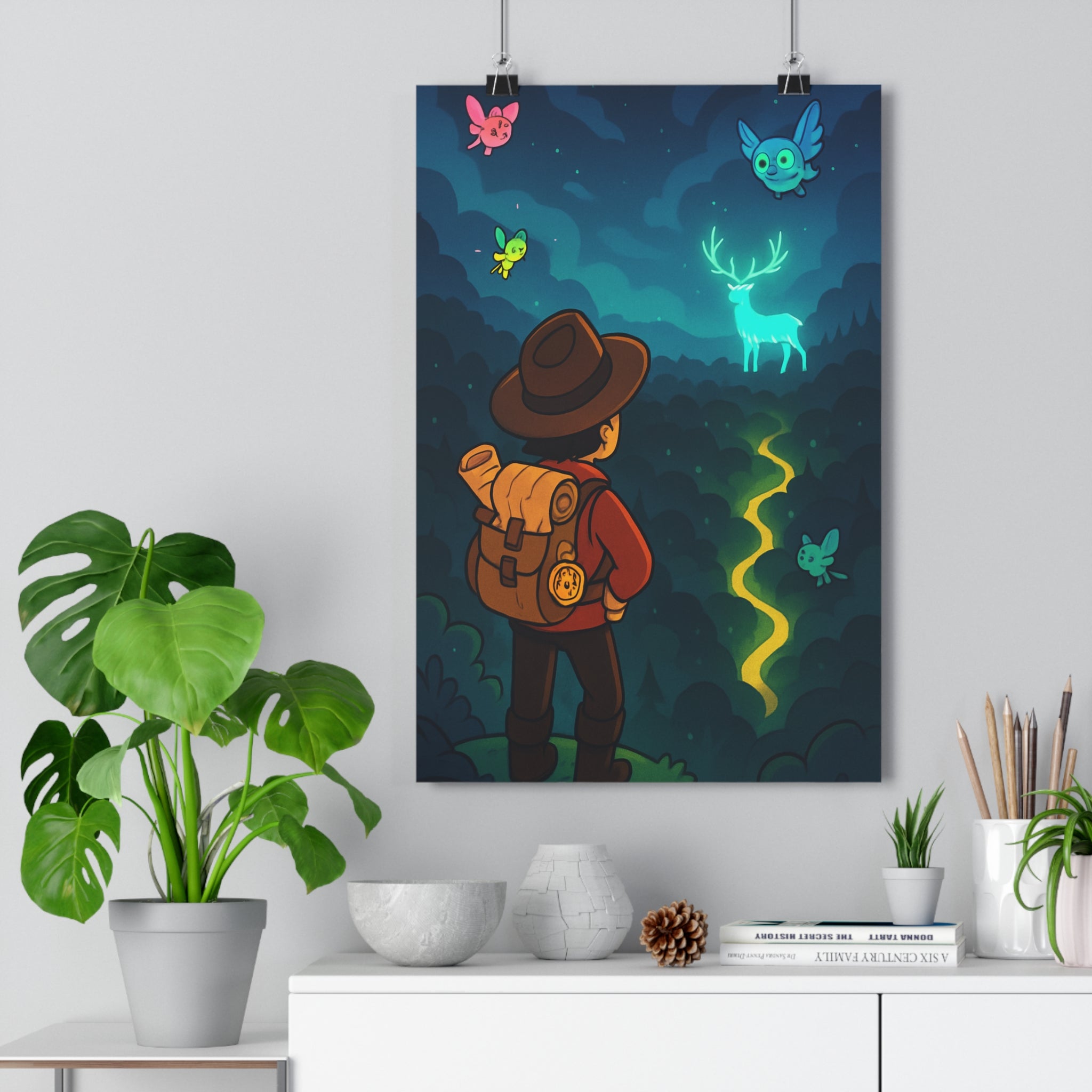 Poster décoratif féerique forêt magique cerf lumineux aventure dessin animé chambre ambiance verte bleue