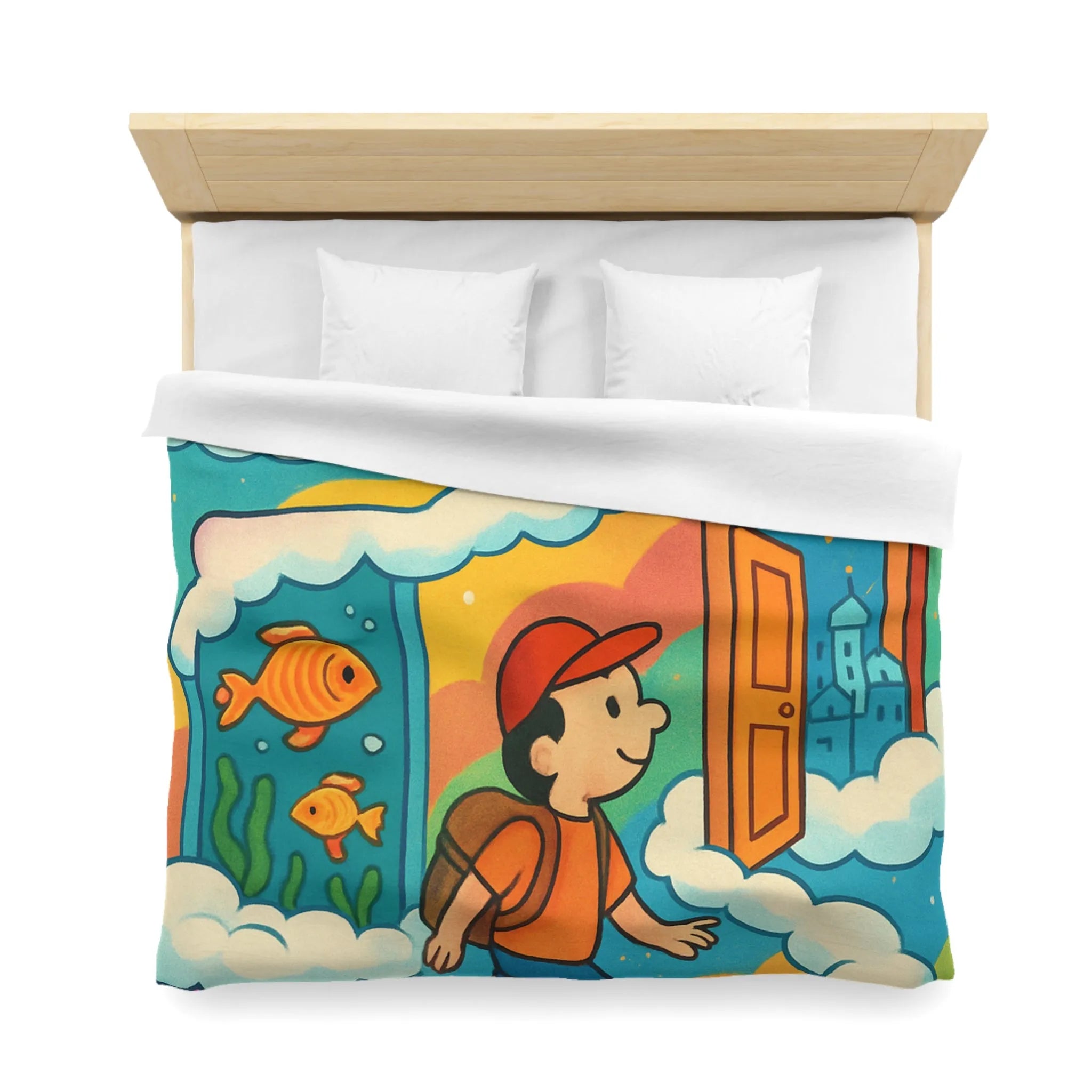 Housse de couette colorée avec portes magiques, nuages et aventure pour enfants rêveurs