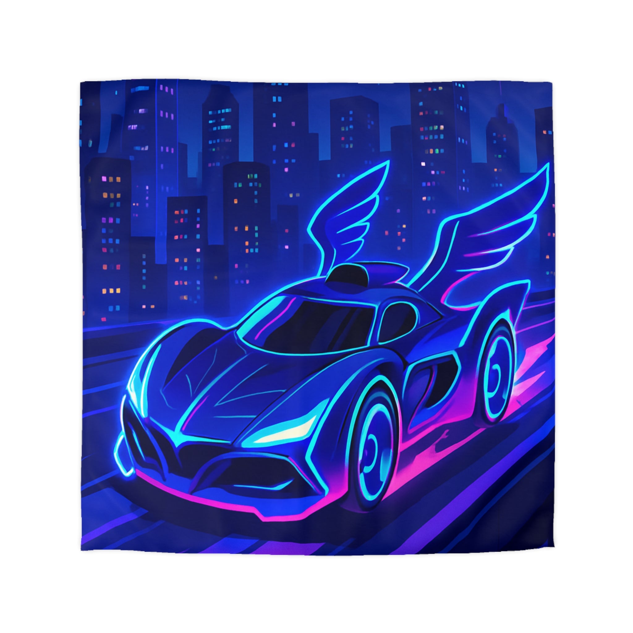 Housse de couette néon voiture futuriste volant dans une ville aux reflets lumineux