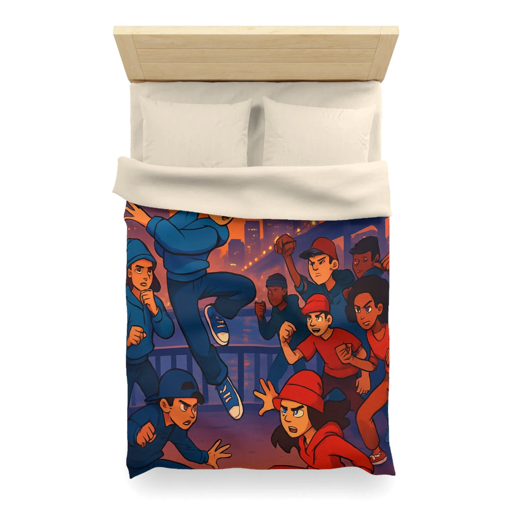 Housse de couette illustrée avec danseurs urbains dynamiques sur fond de pont illuminé