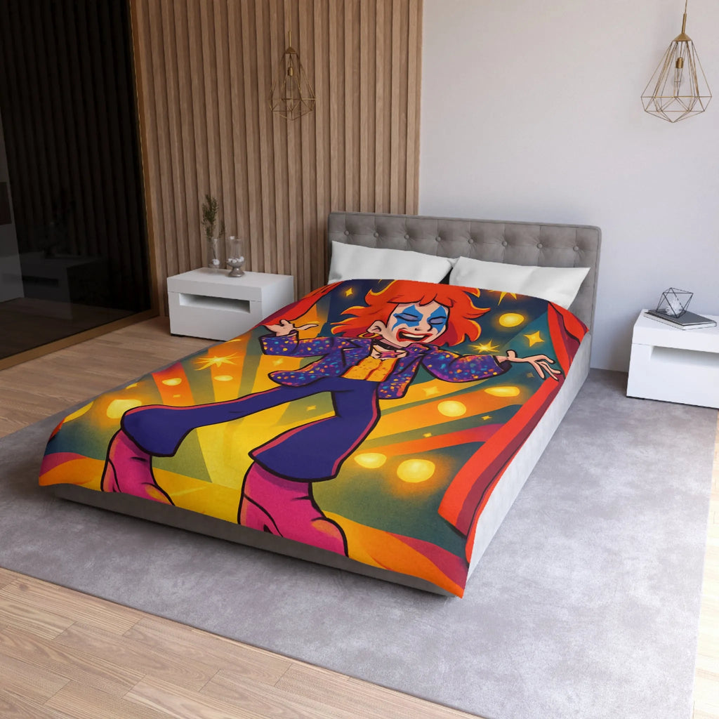 Housse de couette colorée avec personnage énergique sur scène, étoiles et rideaux rouges