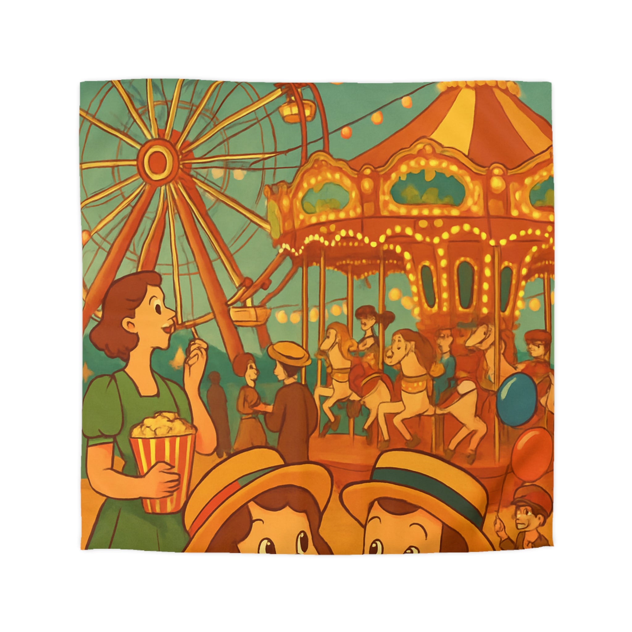 Housse de Couette Vintage Enfants et Fête Foraine avec Ballons, Manège et Grande Roue