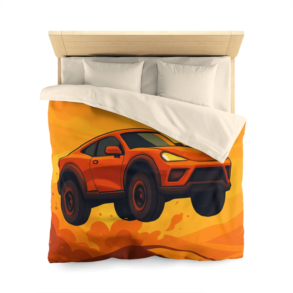Housse de couette design voiture saut désert couleur orange coucher de soleil