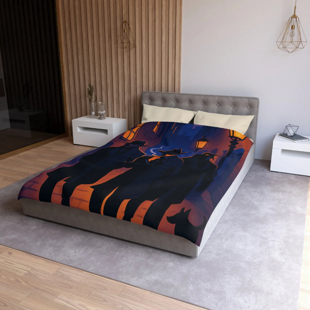 Housse de couette avec scène mystérieuse de détectives en ruelle éclairée par réverbères