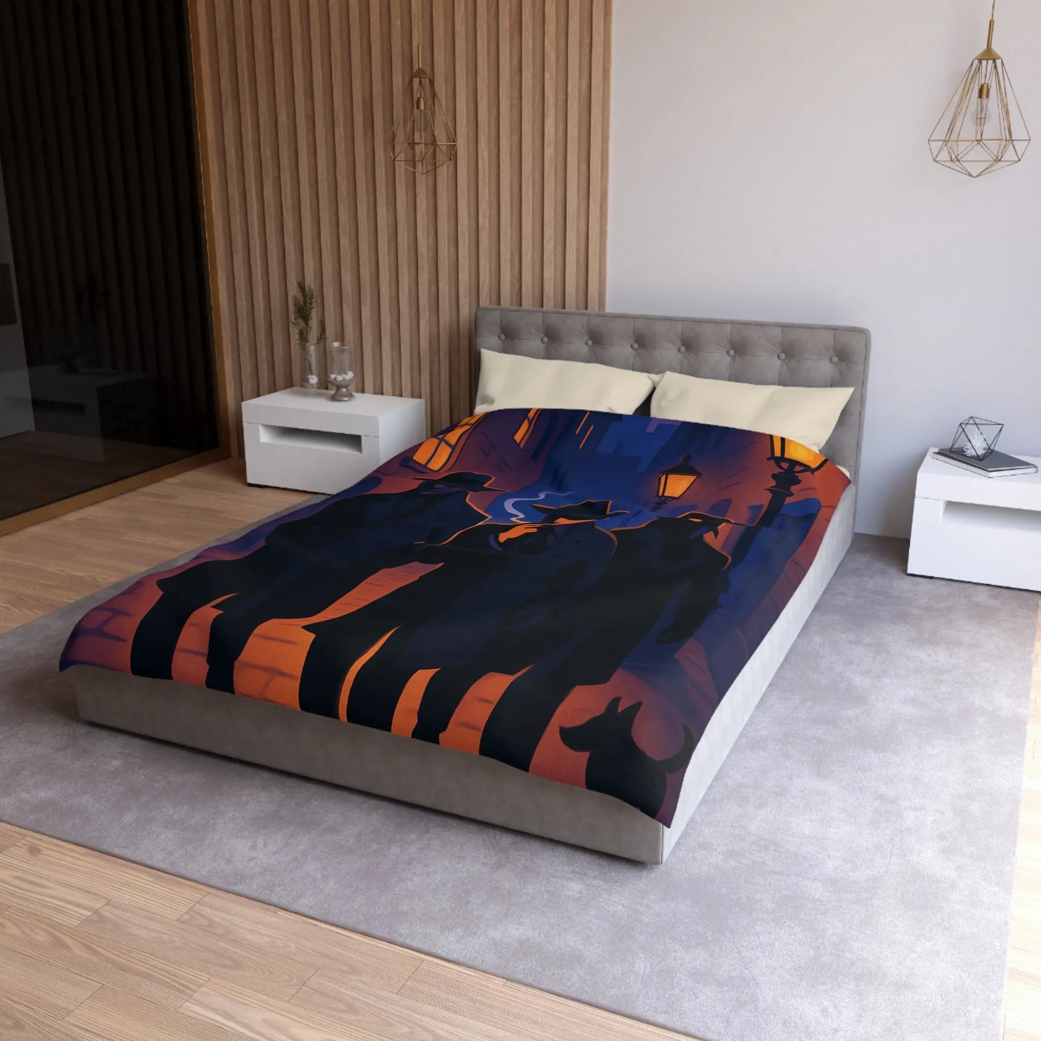 Housse de couette avec scène mystérieuse de détectives en ruelle éclairée par réverbères