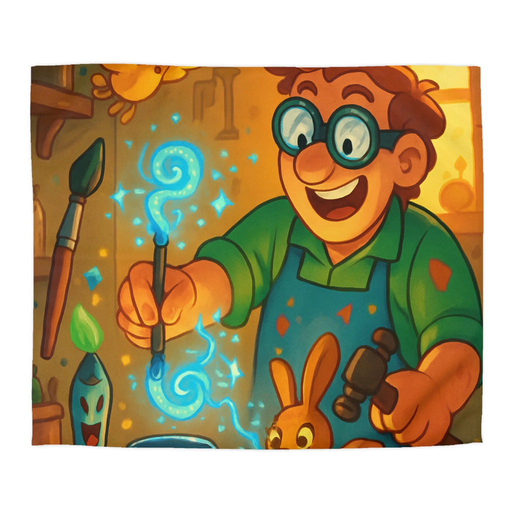 Artisan heureux sculpte figurines magiques dans atelier en bois lumineux et coloré