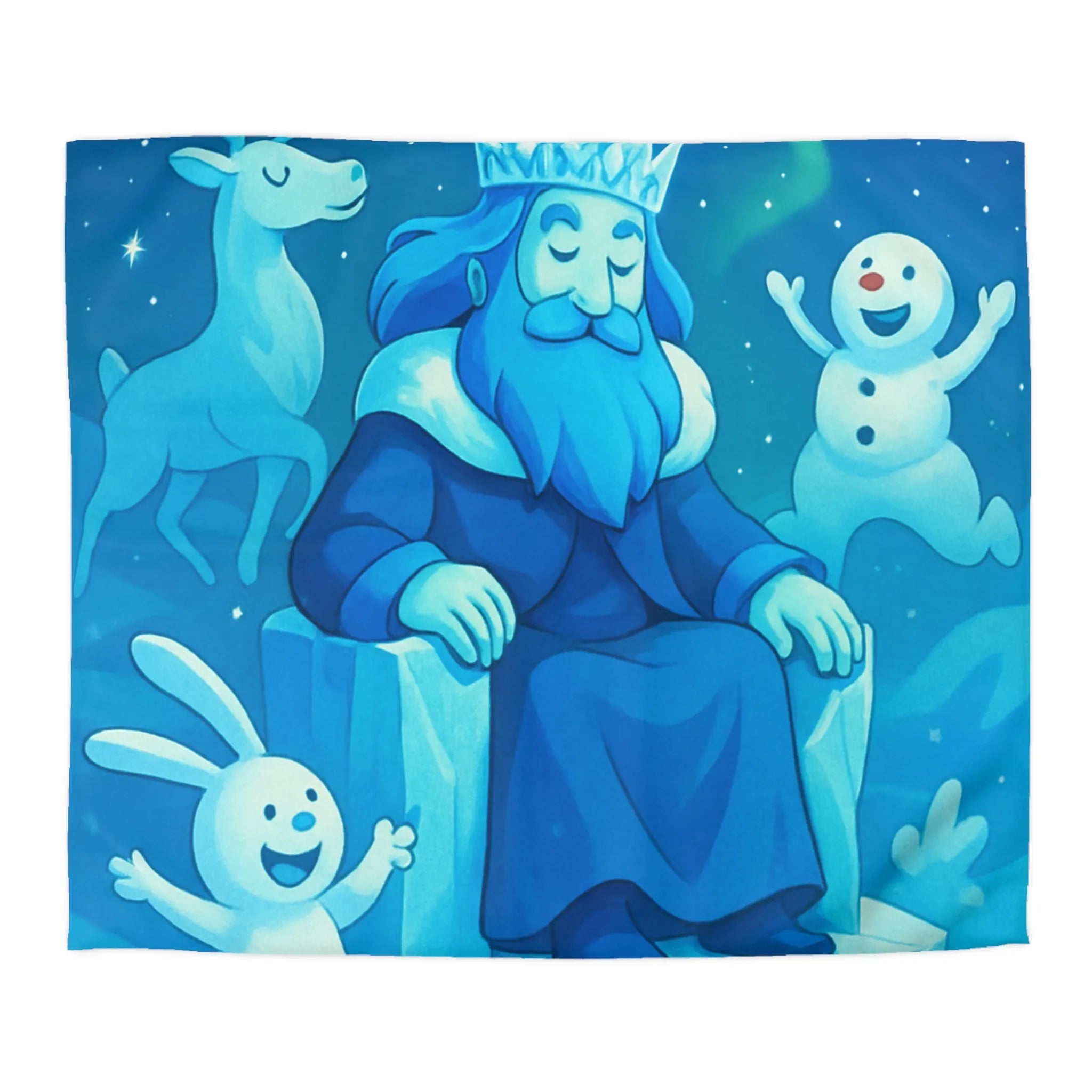 Housse de couette bleue roi de glace avec animaux et aurore boréale hivernale festive