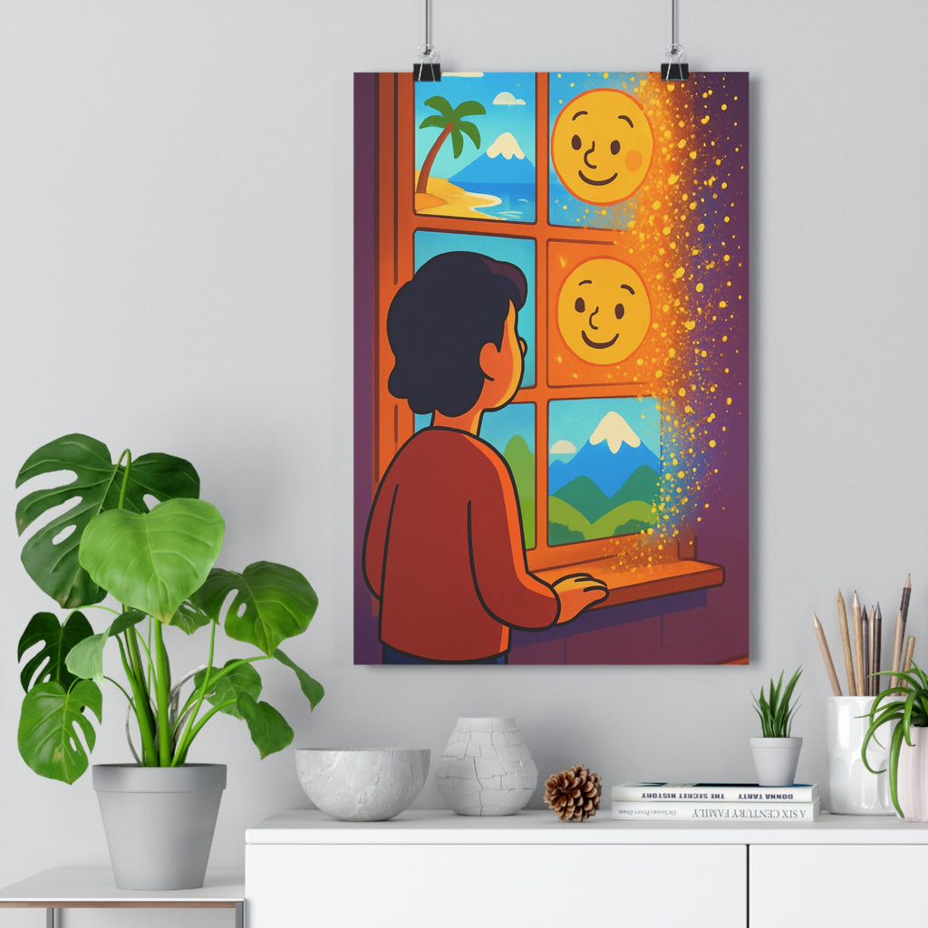 Poster décoratif ethéré couleurs vives joyeux salon chambre art moderne paysage imaginaire inspirant visage