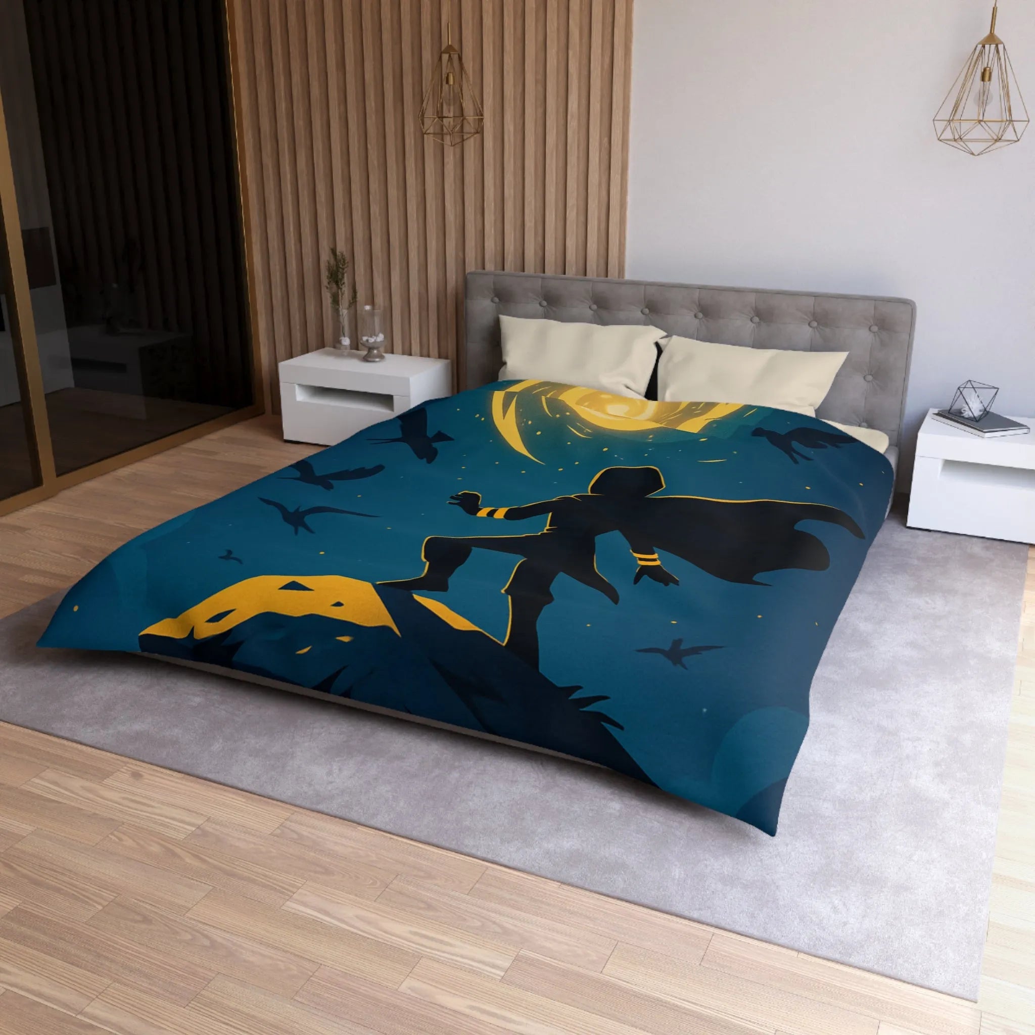 Housse de couette aventure magique, silhouette et spirale dorée dans ciel étoilé