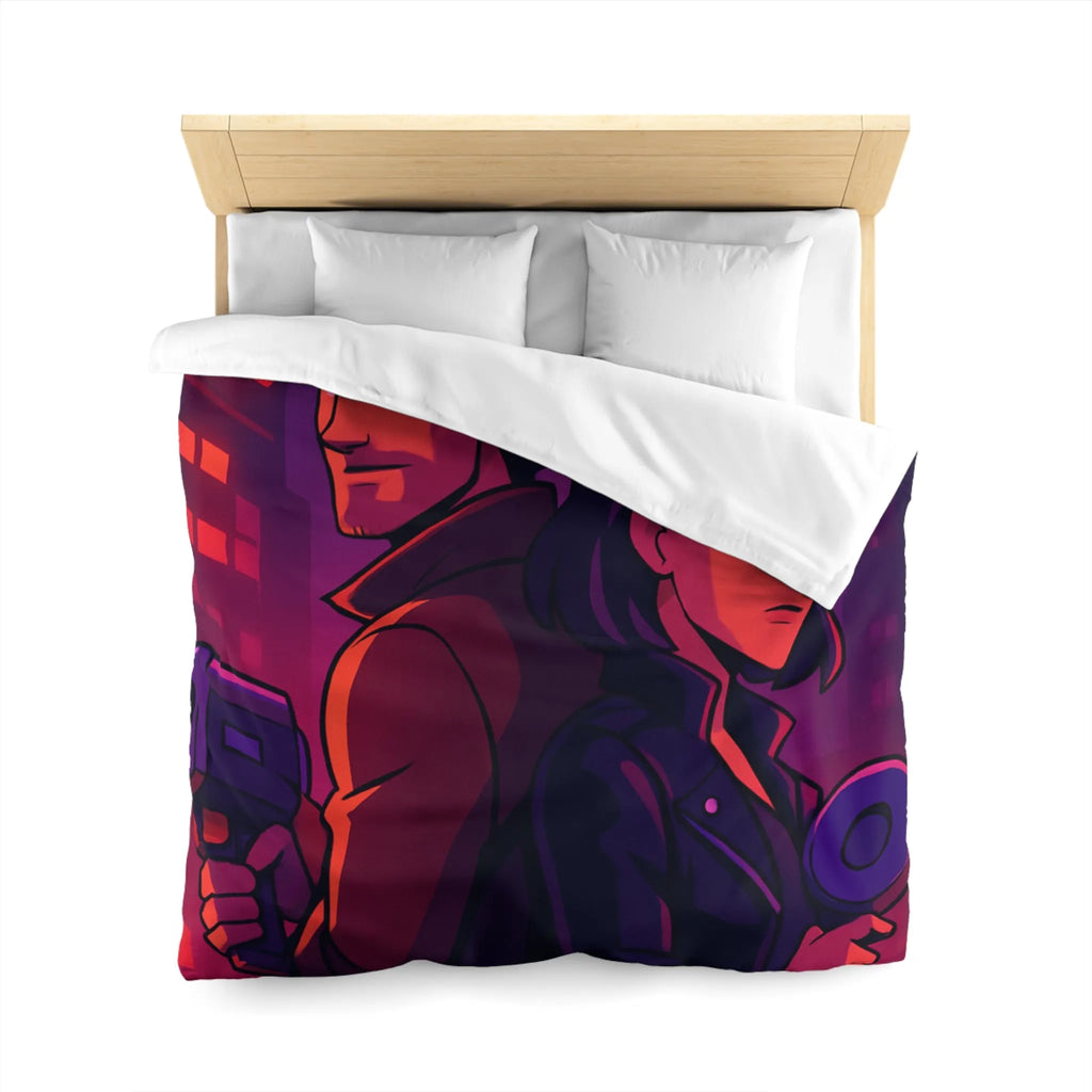 Housse de couette aventure urbaine avec duo de détectives dans néons lumineux