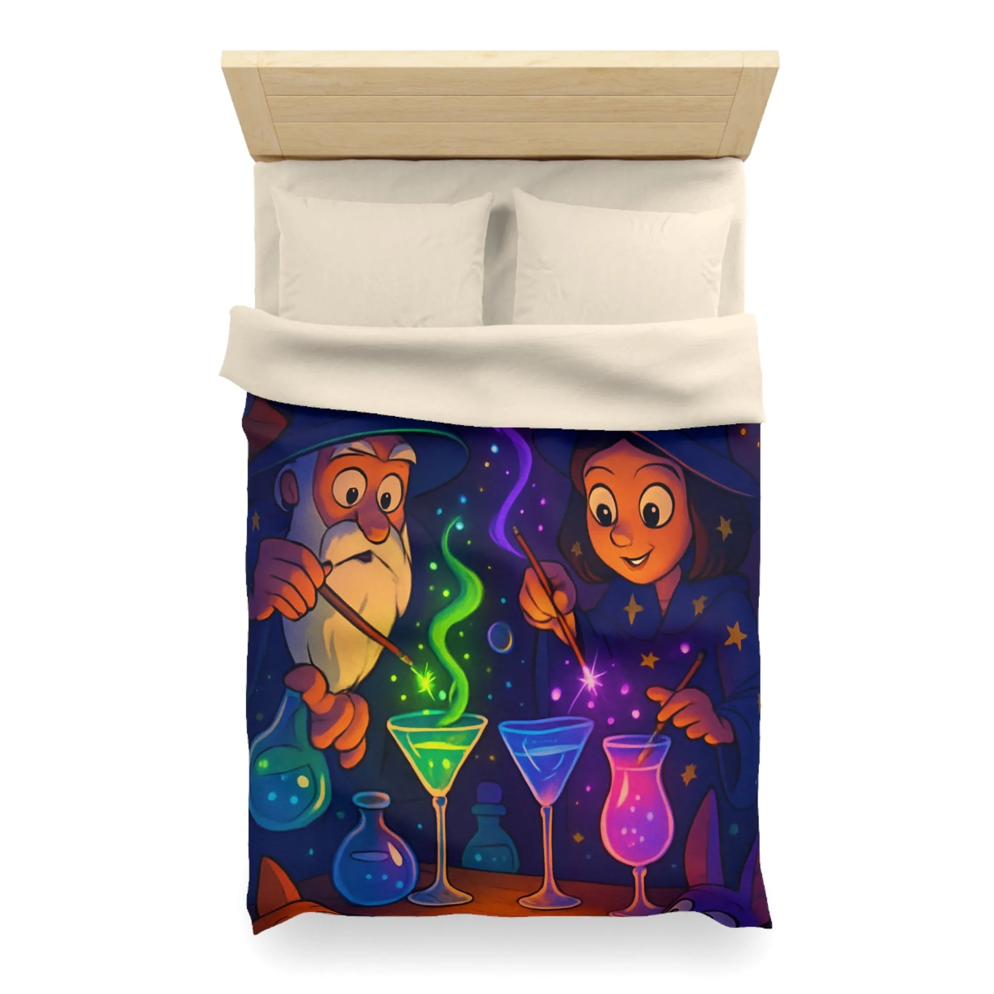 Housse de couette magique avec sorciers et potions dans un atelier enchanteur