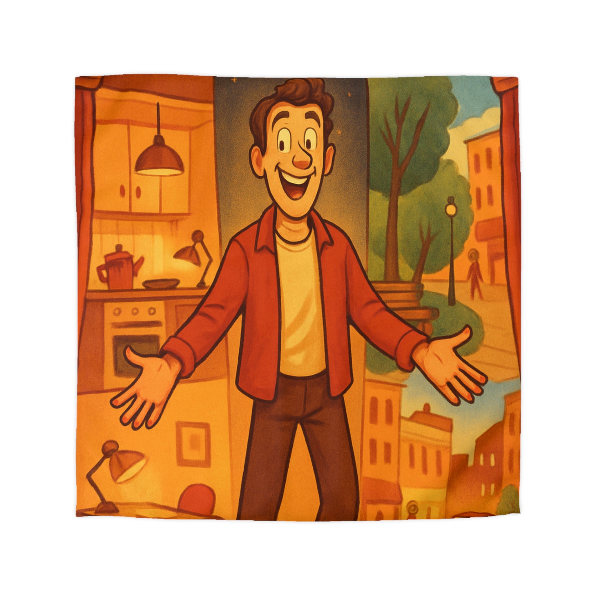 Housse de Couette Théâtrale avec Scène d'Intérieur et Extérieur Ville Colorée