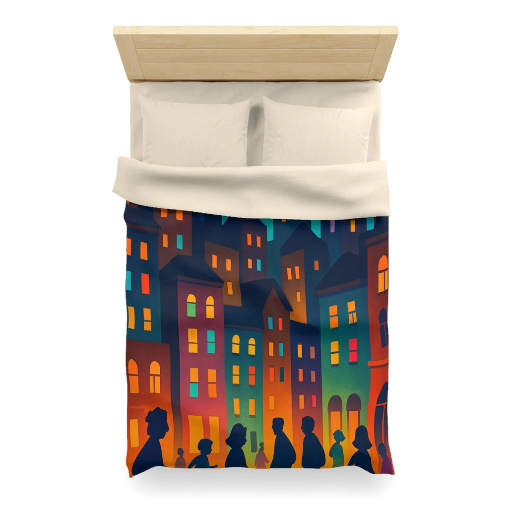 Housse de couette ambiance urbaine douce avec personnages et immeubles nocturnes stylisés