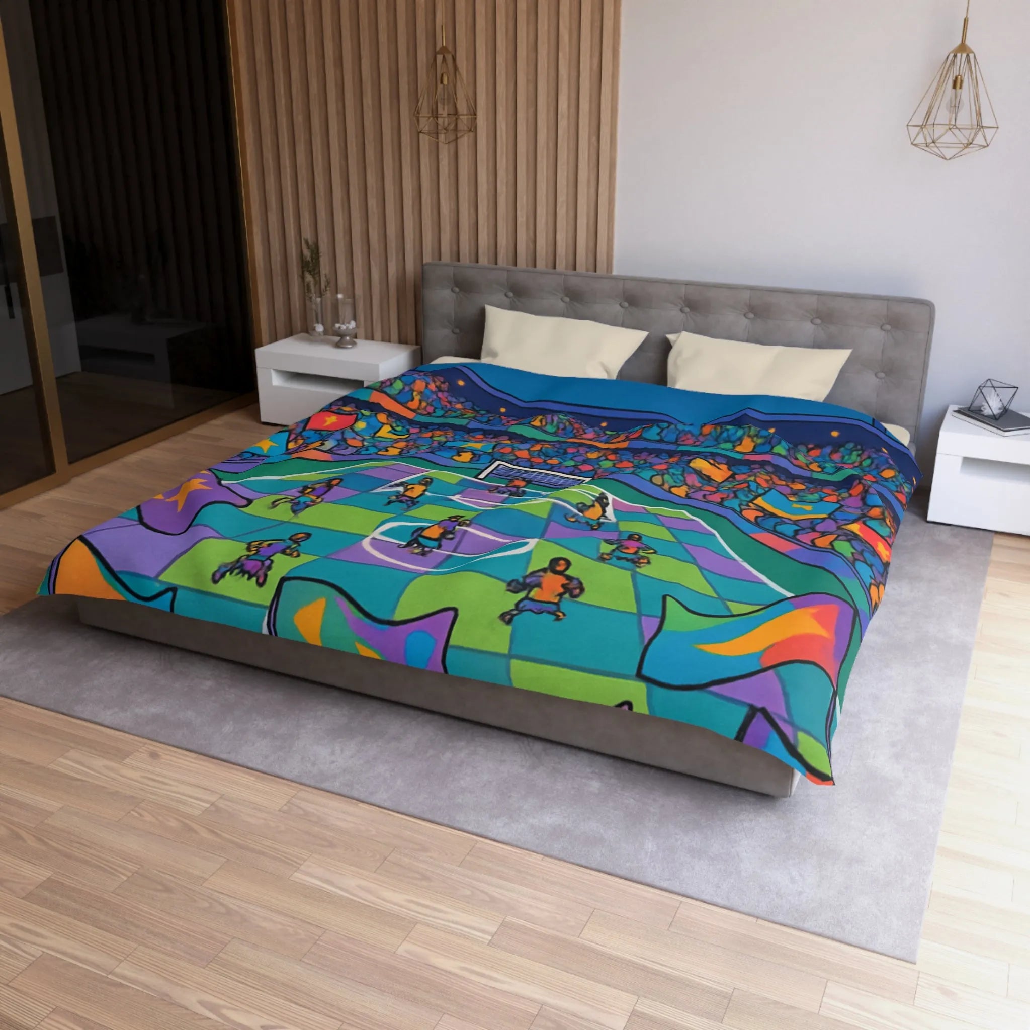 Housse de couette colorée avec motif de stade de football sous ciel étoilé