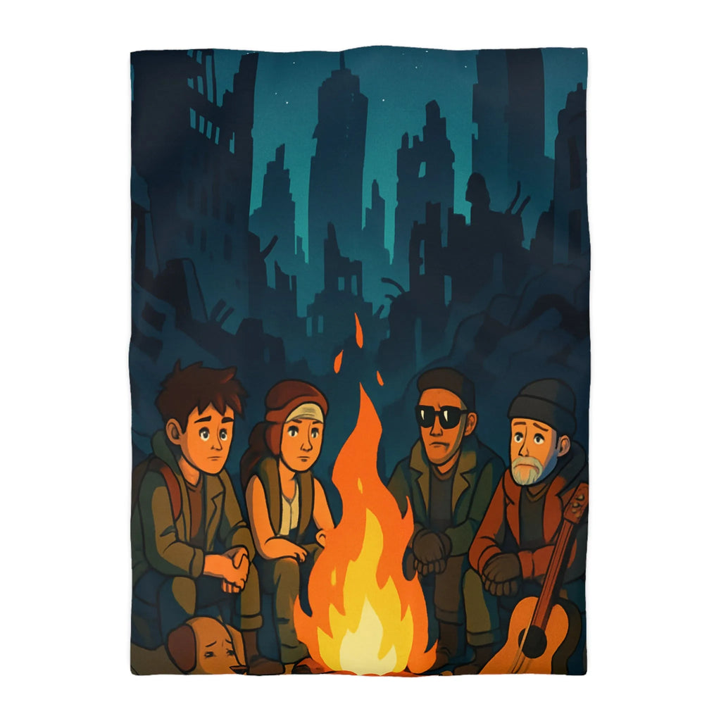 Housse de couette : scène nocturne apocalyptique avec personnages autour d'un feu de camp