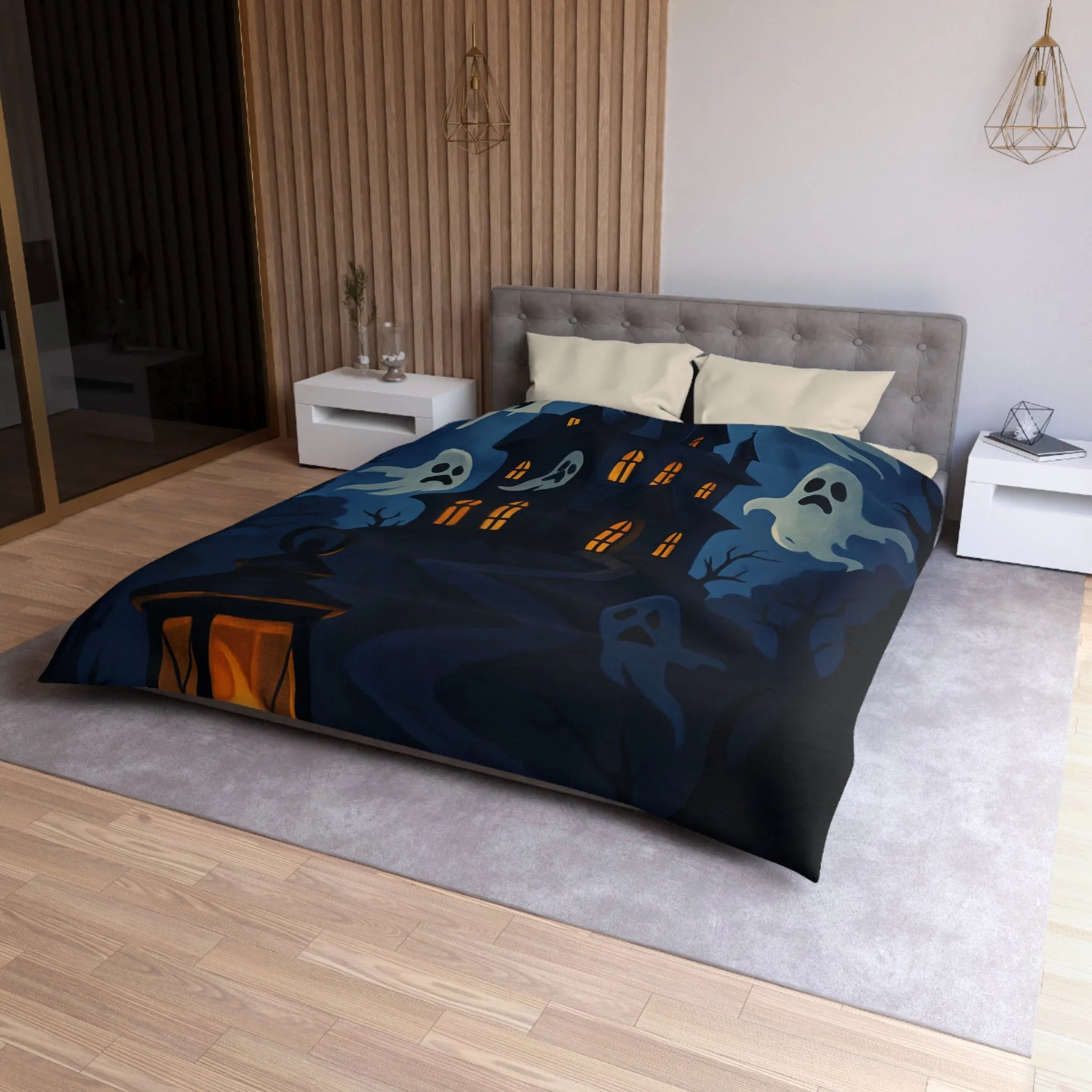 Housse de couette avec château hanté, fantômes, ciel orageux et lanterne mystérieuse