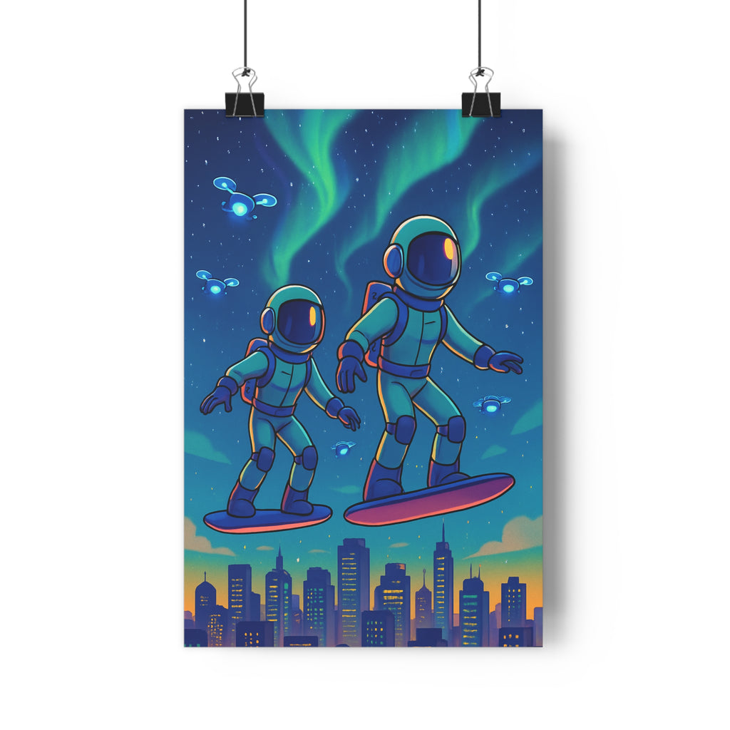 Poster décoratif futuriste aventure astronautes hoverboards bleu vert lumineux mystique bureau chambre 30x46 cm