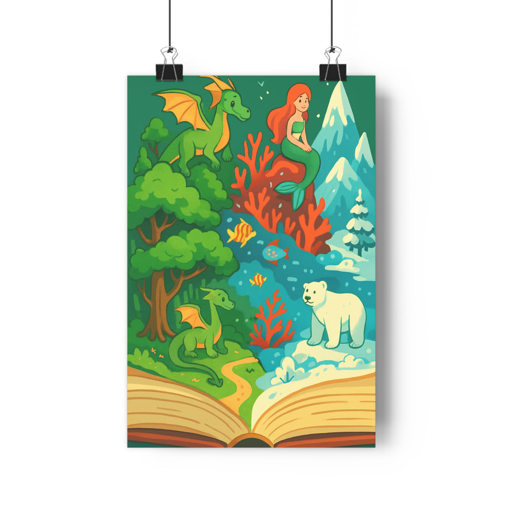 Poster décoratif féerique vert bleu rouge aventure mystique chambre salon enfant nature magique lumineux