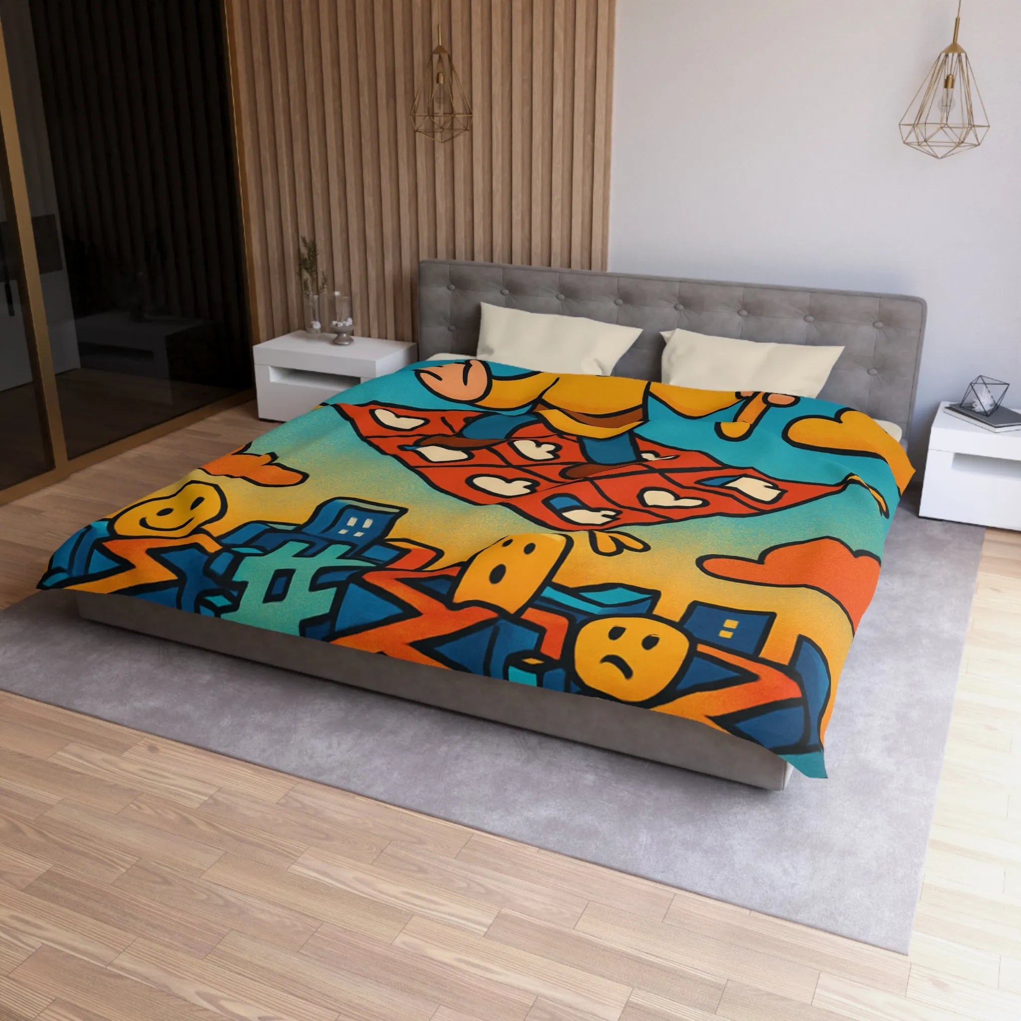 Housse de couette colorée avec un personnage sur un tapis volant magique