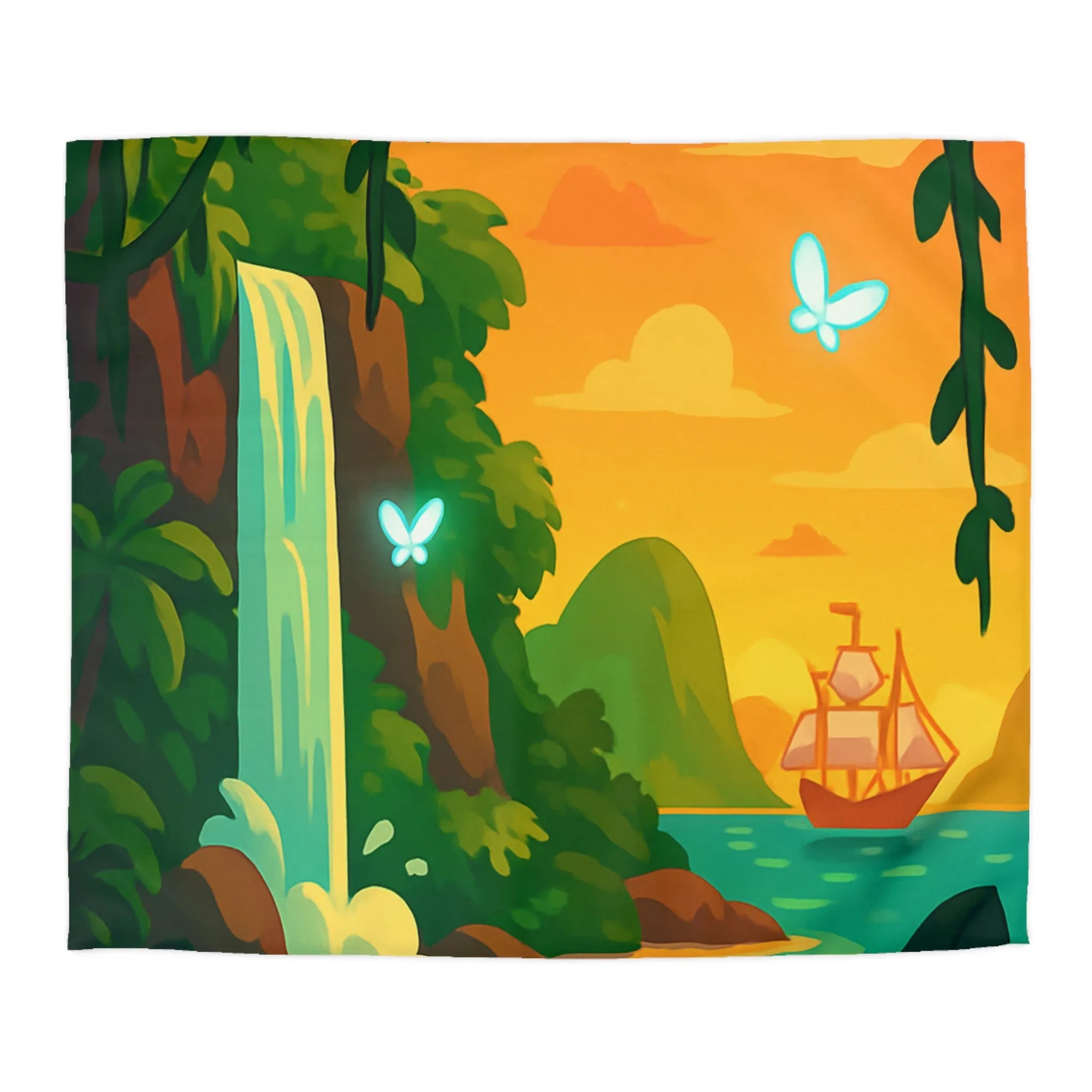 Housse de couette exotique avec cascade, papillons lumineux et bateau au coucher du soleil