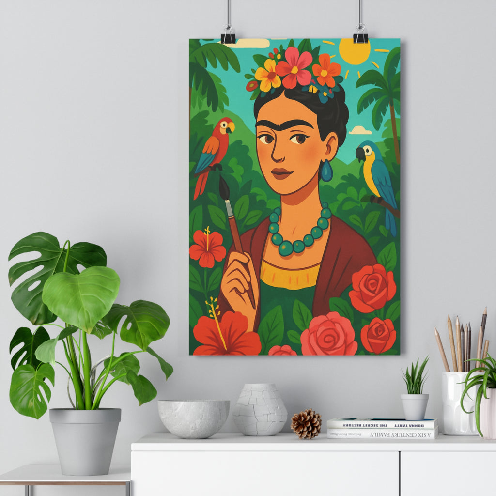 Poster décoratif femme fleurs perroquets colorés cartoon joyeux salon chambre artistique format 30x46 cm