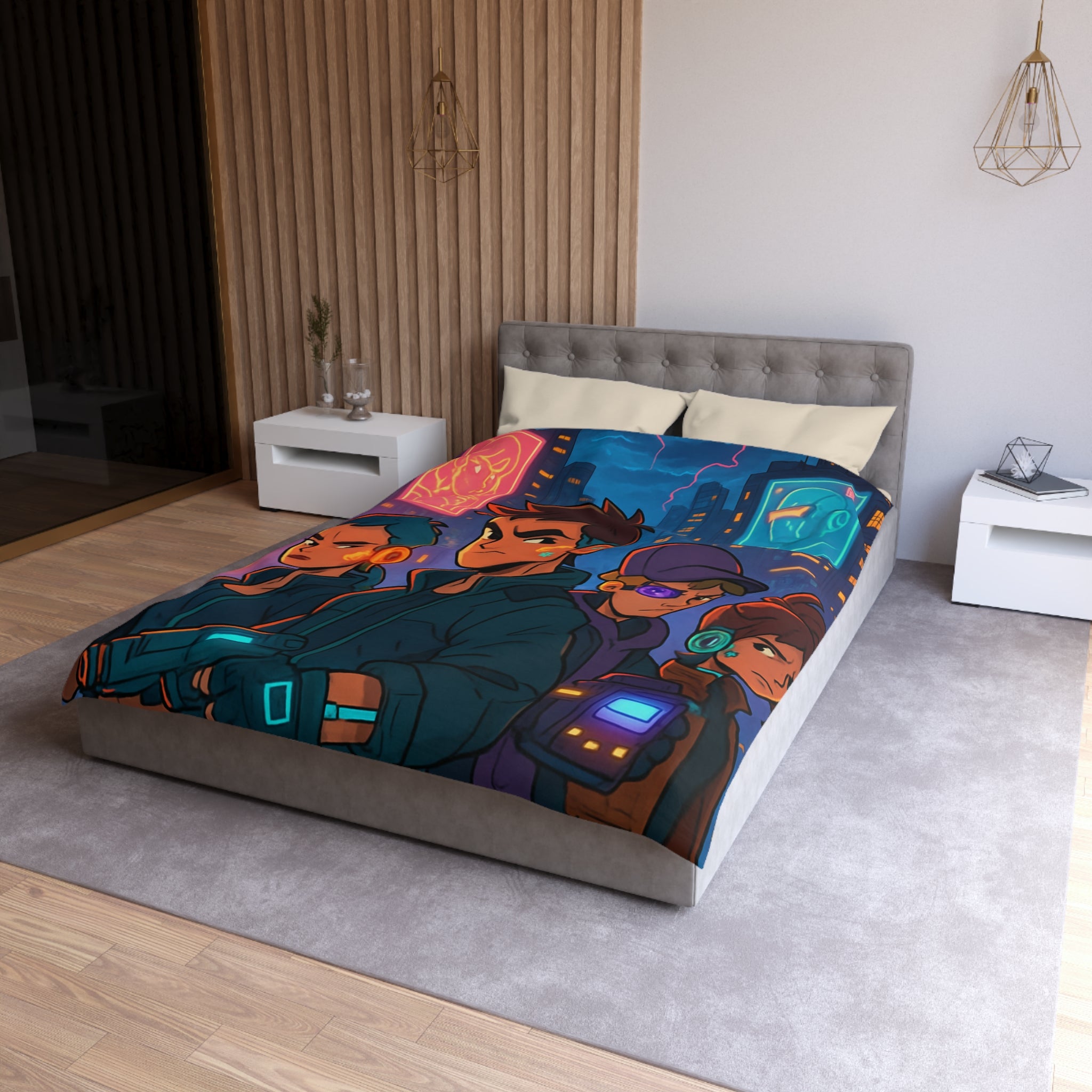 Housse de couette style rétro futuriste avec scène urbaine néon et personnages cyberpunk