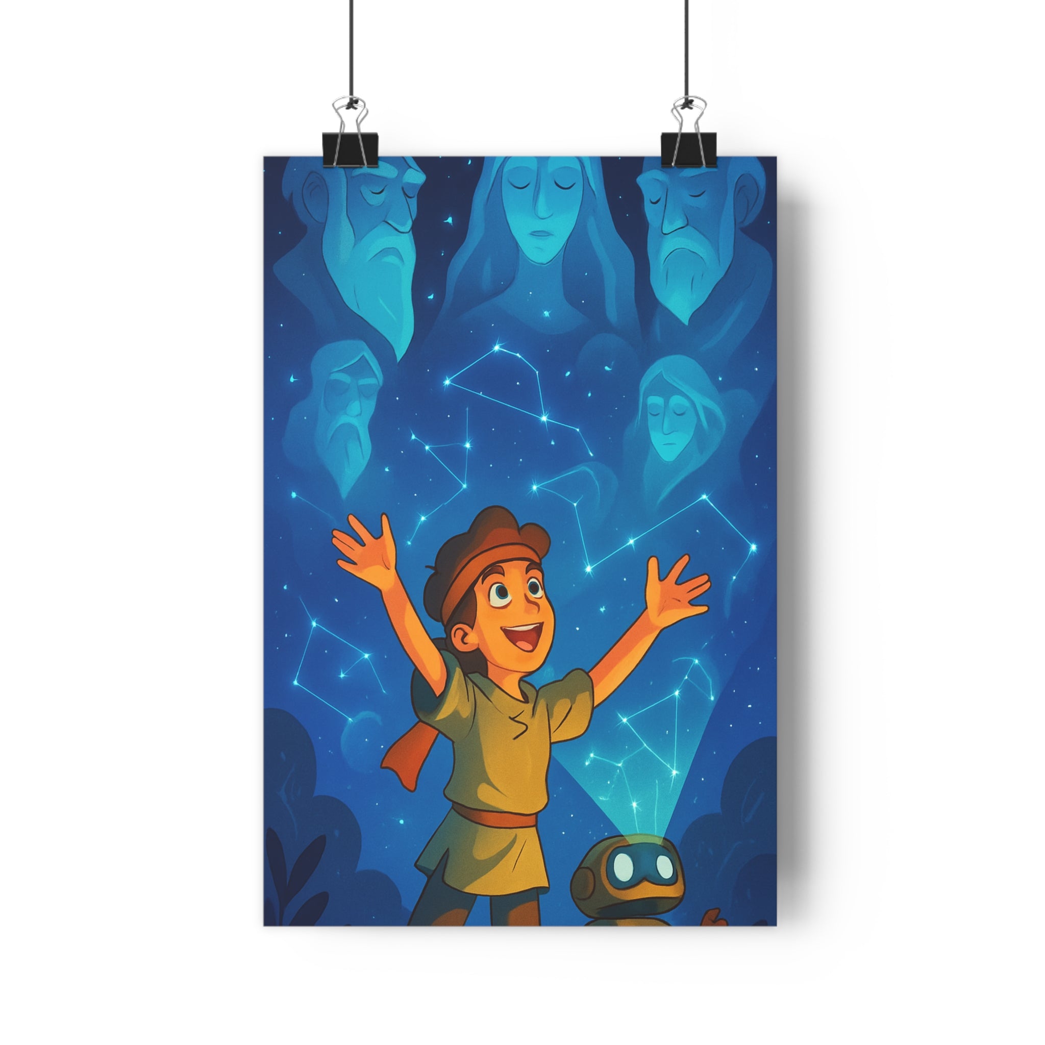 Poster décoratif cartoon bleu rêveur mystique enfant aventure chambre ciel étoilé robot joyeux aquarelle