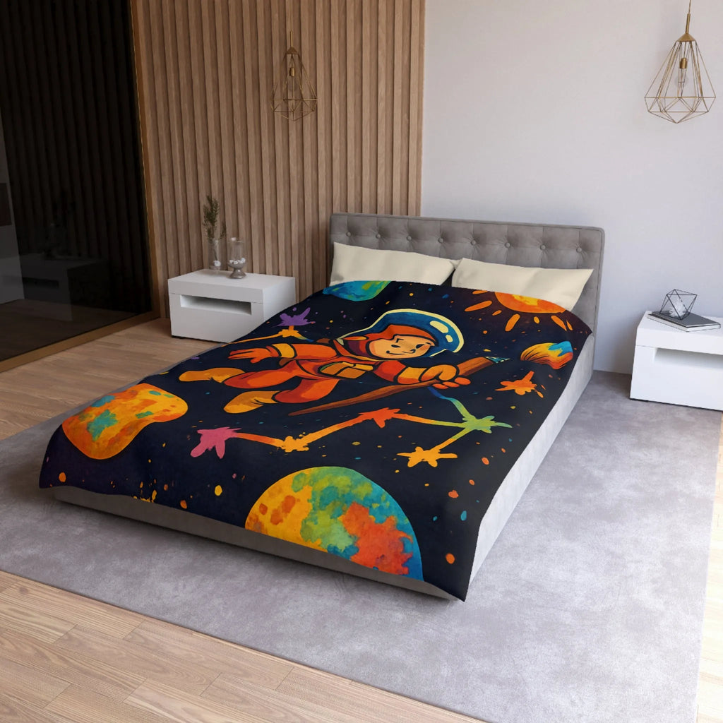 Housse de couette enfant : astronaute, peintre de l'univers, planètes colorées et célestes étoiles