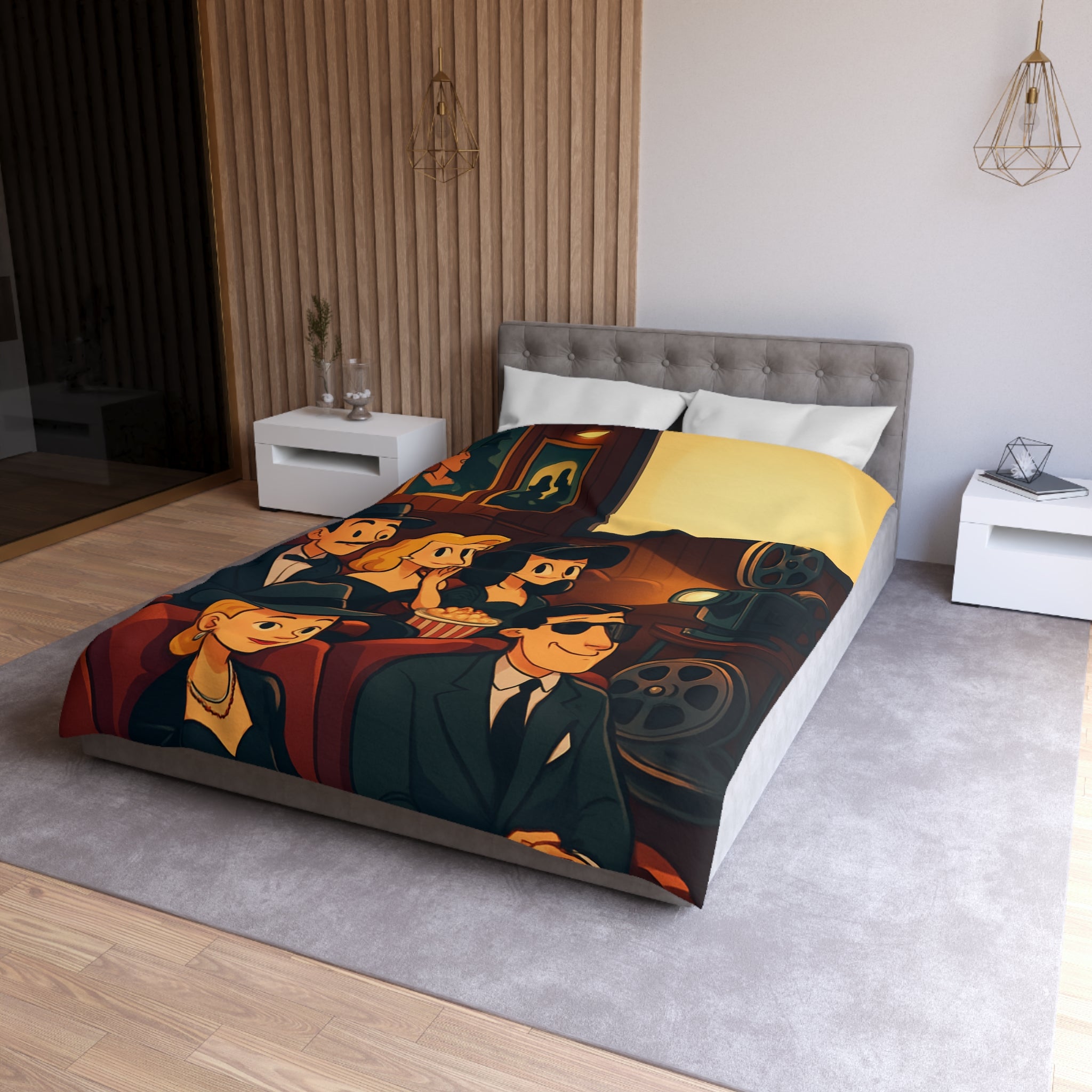 Housse de Couette Rétro Cinéma avec Scène de Spectateurs Élégants et Projecteur