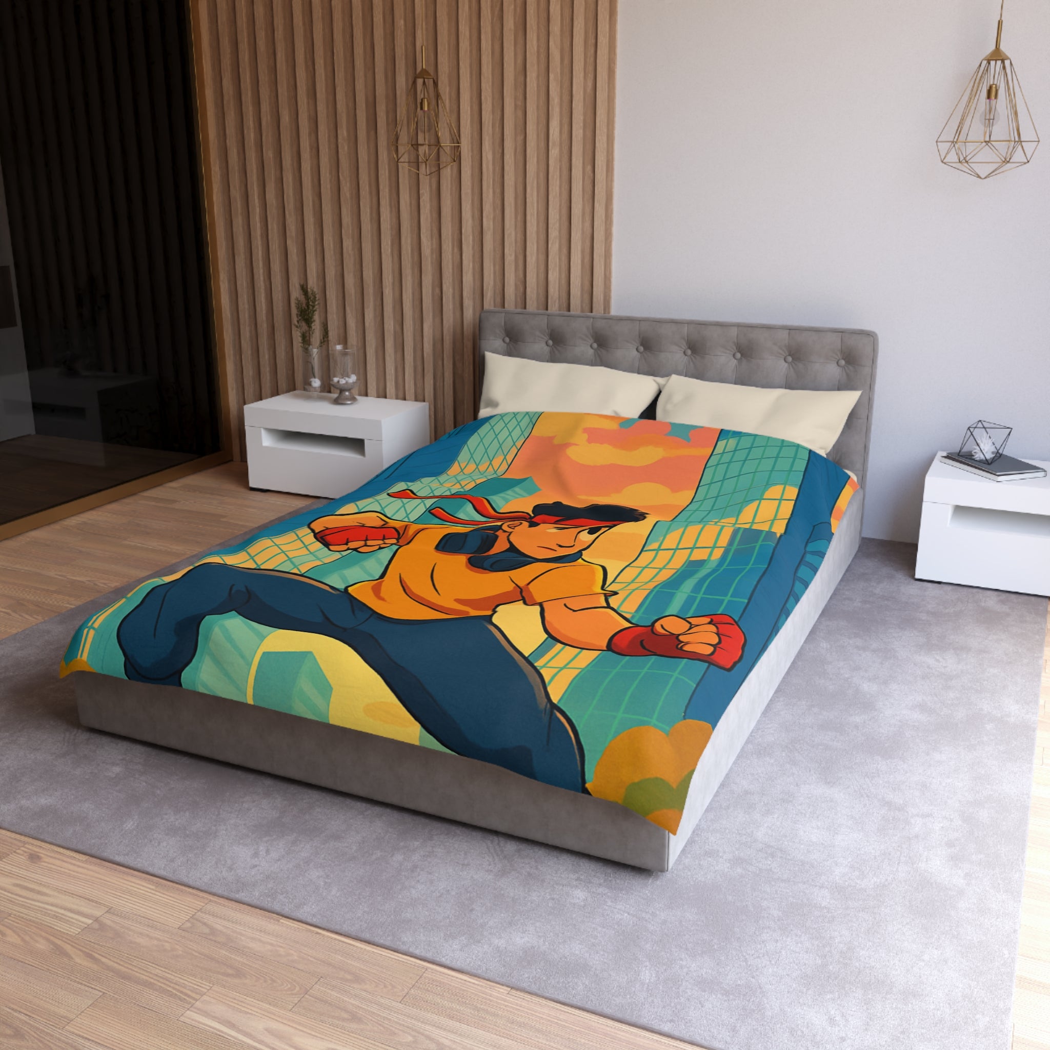 Housse de Couette Style Urbain Colorée avec Jeune Héros en Ville Moderne