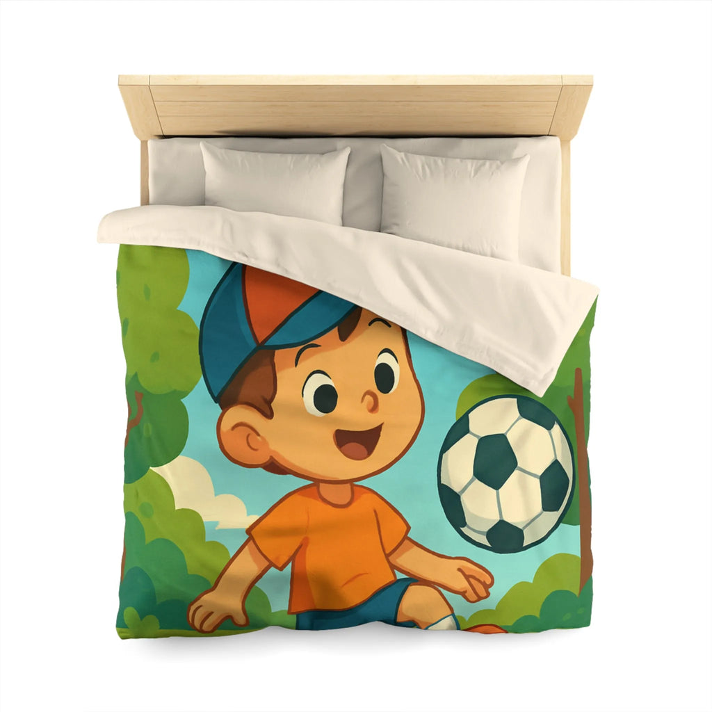 Housse de Couette Enfantine avec Garçon Jouant au Football Sous Soleil et Ballons