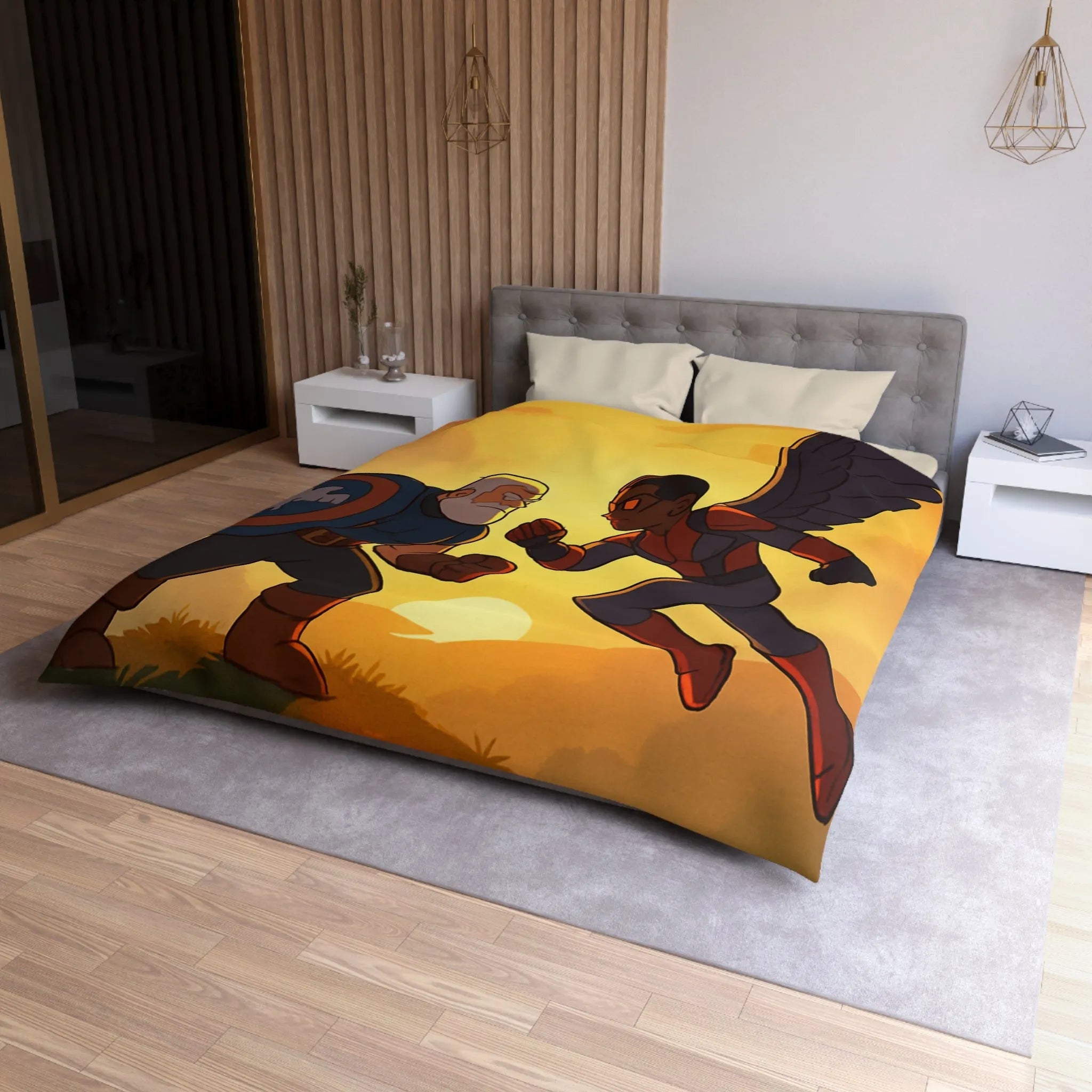 Housse de couette épique avec scène de combat héroïque au coucher du soleil