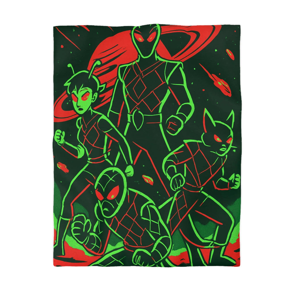 Housse de Couette Espace Vert Fluo Avec Quatre Héros En Pleine Action Rouge Noir