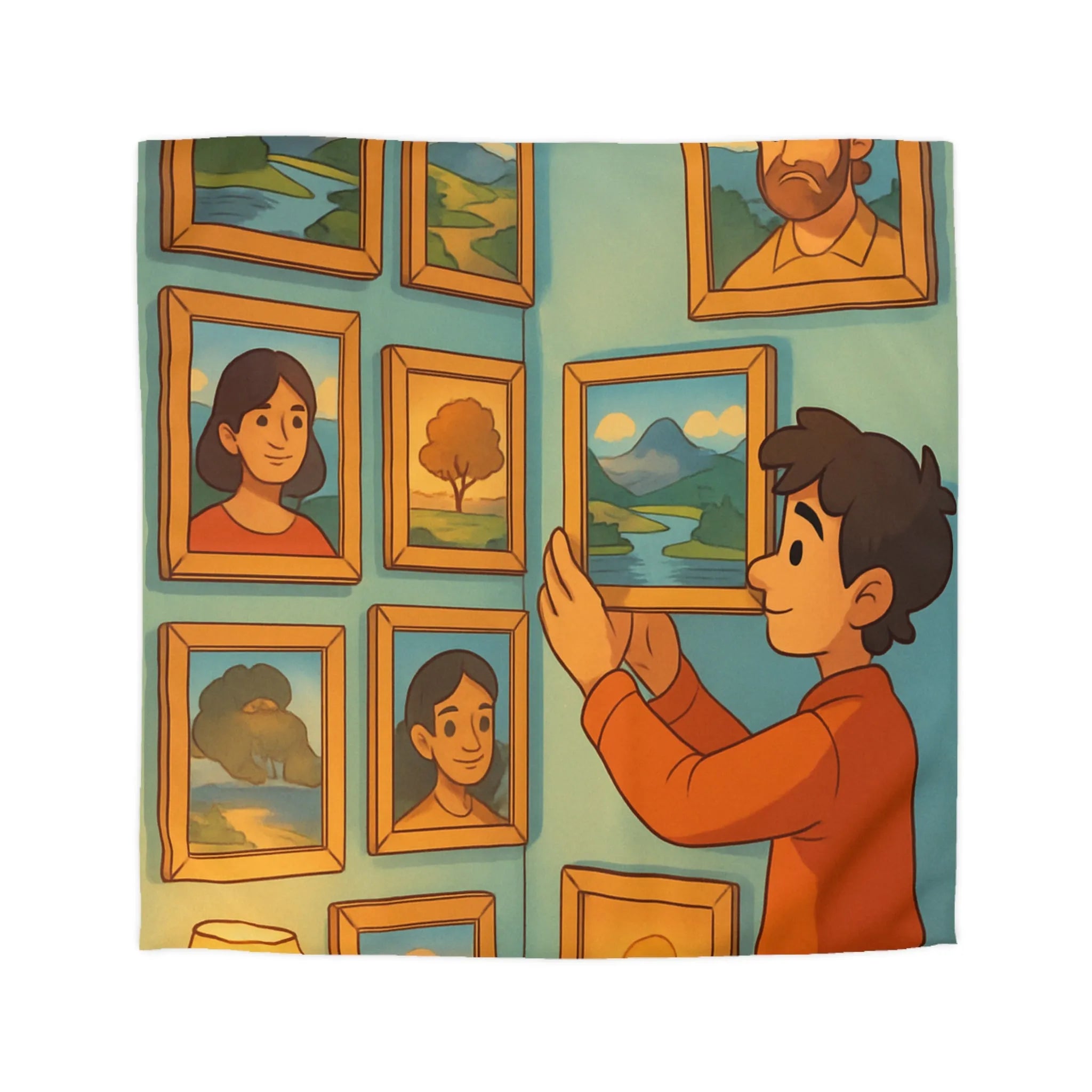 Housse de Couette Artistique avec Galerie Murale Vintage et Portraits Illustrés Colorés