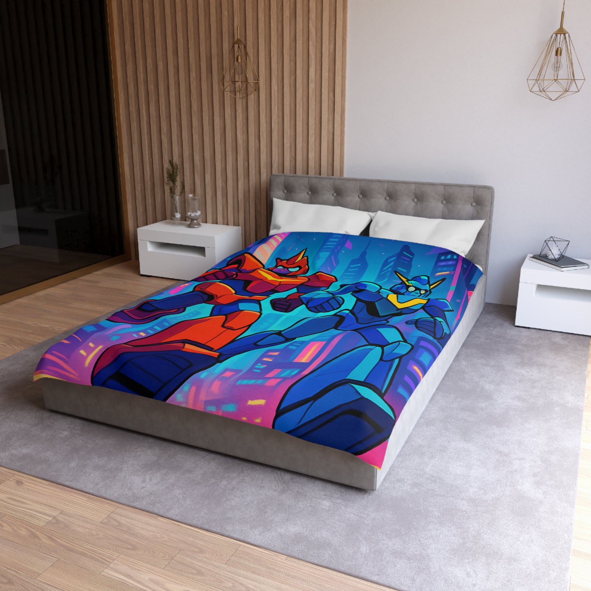 Housse de couette robot futuriste colorée, style rétro avec ambiance urbaine dynamique