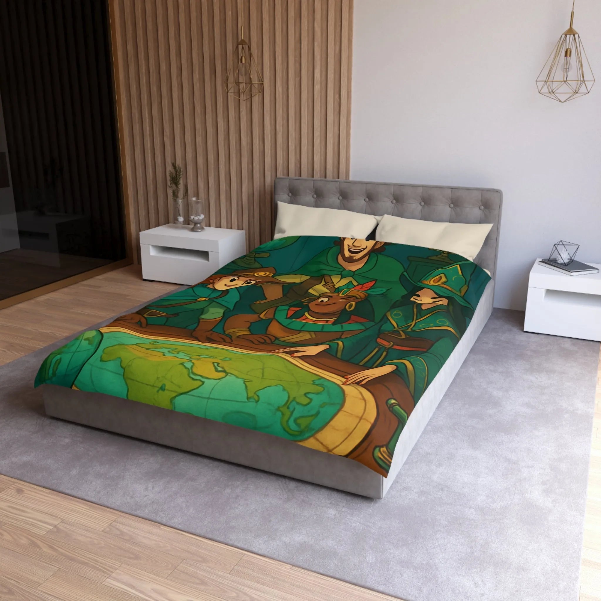 Housse de couette aventuriers explorateurs carte monde globe chapeaux costumes colorés ambiance ludique