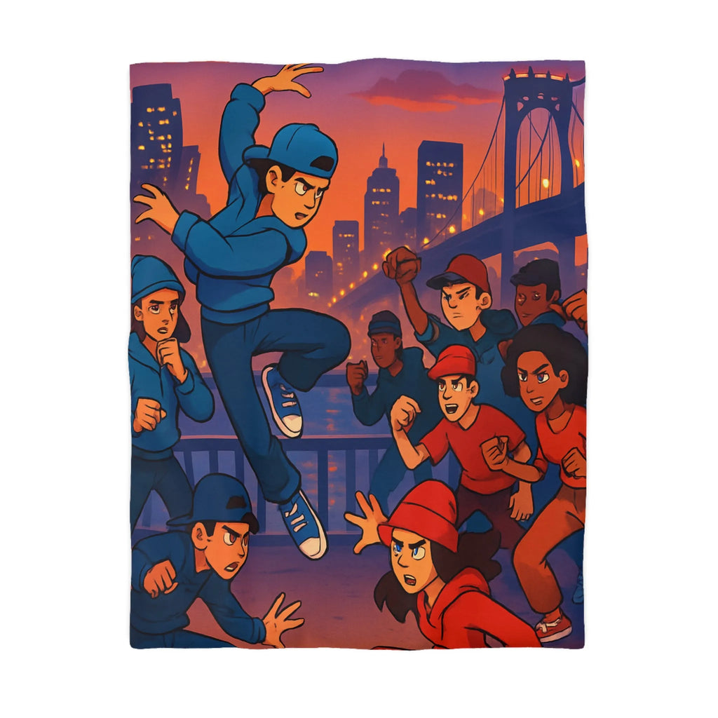 Housse de couette illustrée avec danseurs urbains dynamiques sur fond de pont illuminé
