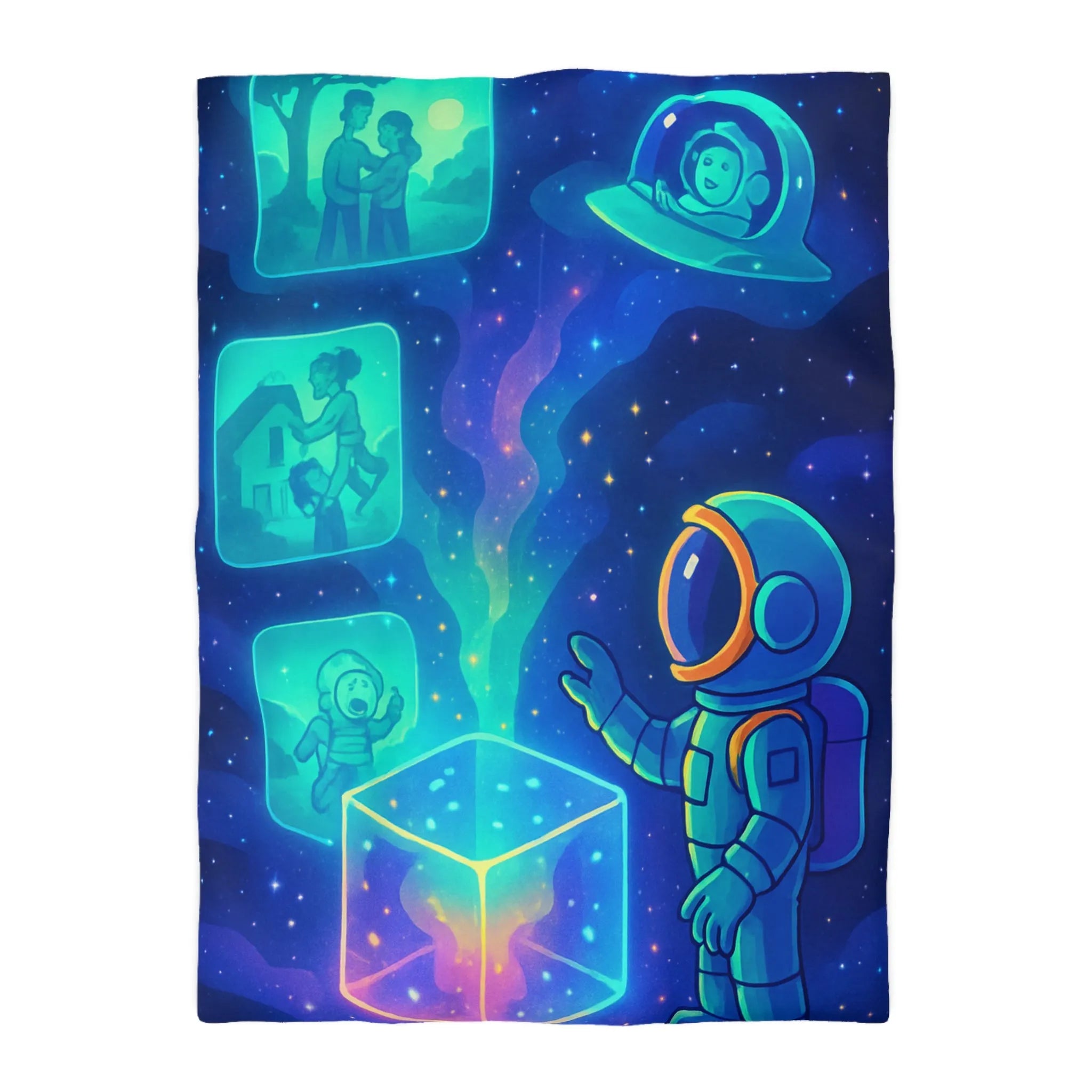 Housse de Couette Galaxie Enfant Rêveur avec Espace, Astronaute et Cube Mystique