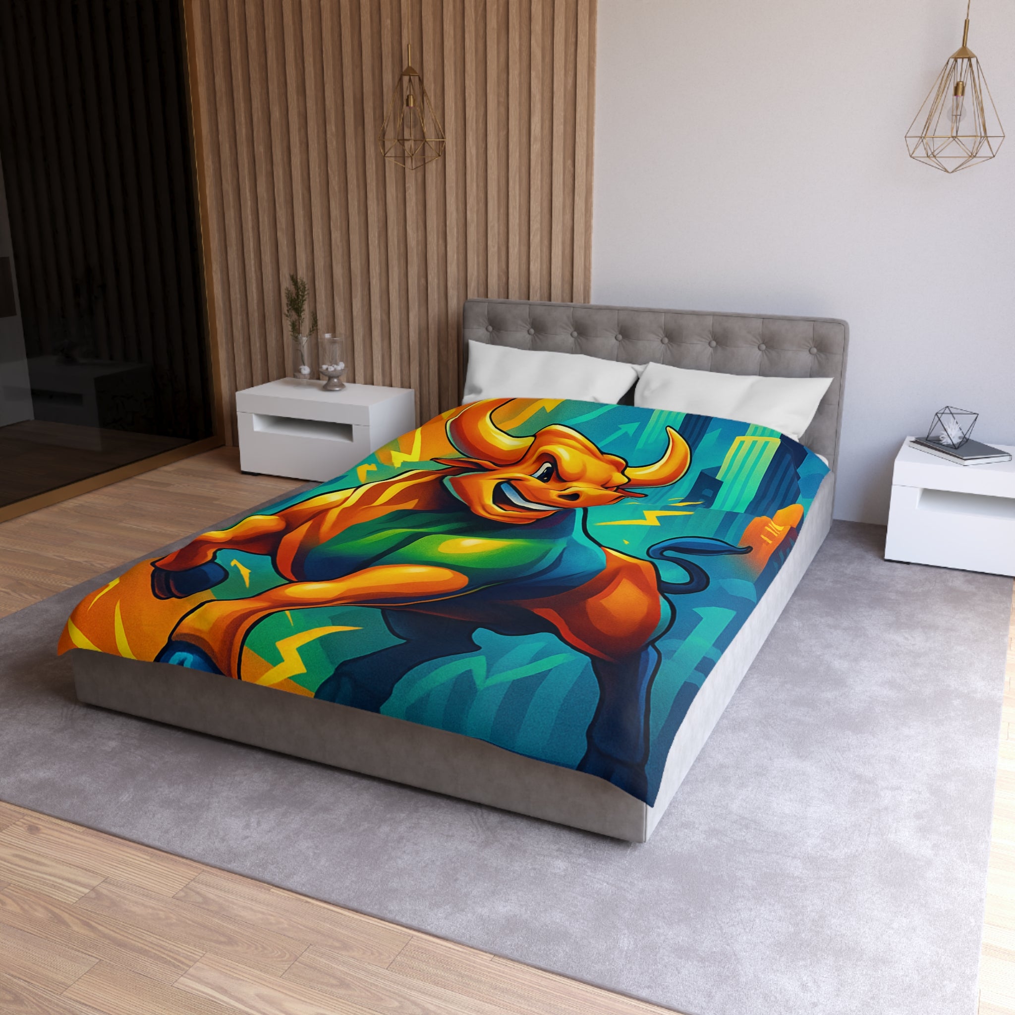 Illustration dynamique d'un taureau énergique avec gratte-ciel modernes et flèches ascendantes