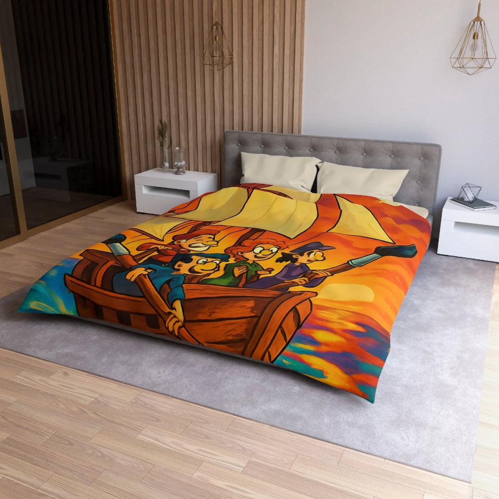 Housse de couette illustrée avec bateau et ciel coloré au coucher du soleil