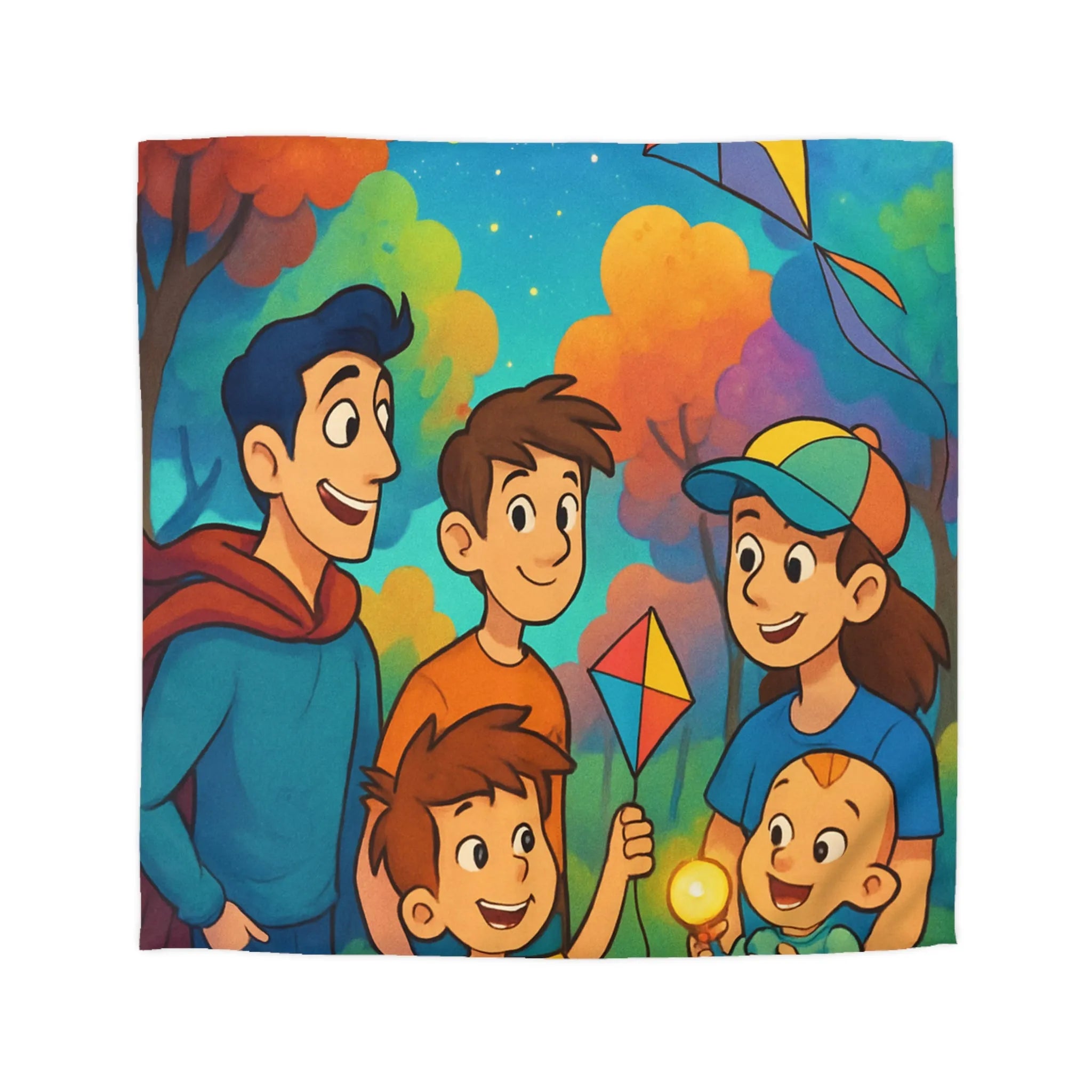 Housse de Couette Enfantine avec Cerfs-Volants et Ciel Étoilé dans Forêt Colorée