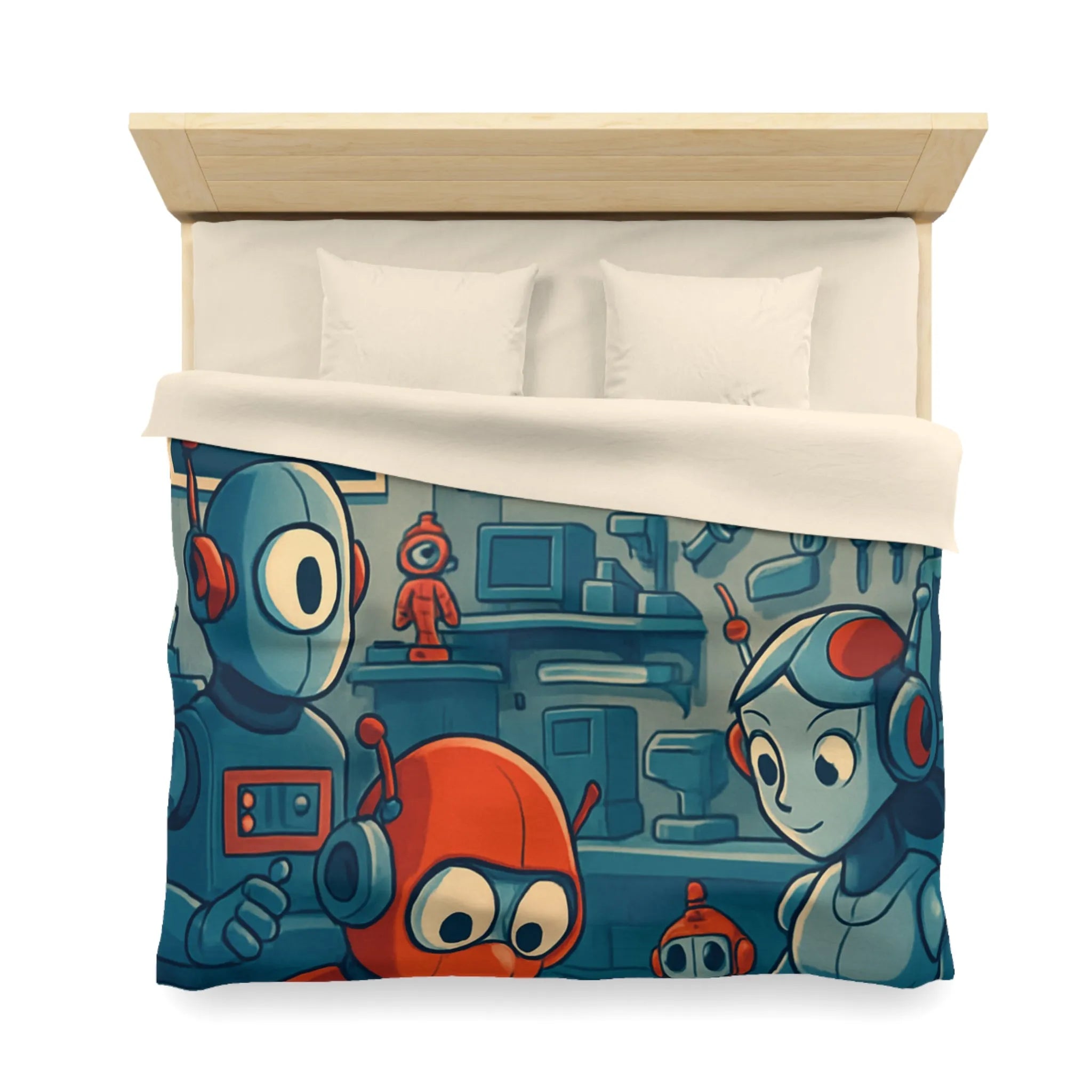 Housse de Couette Adorable Atelier de Robots pour Enfants au Look Rétro Futuriste