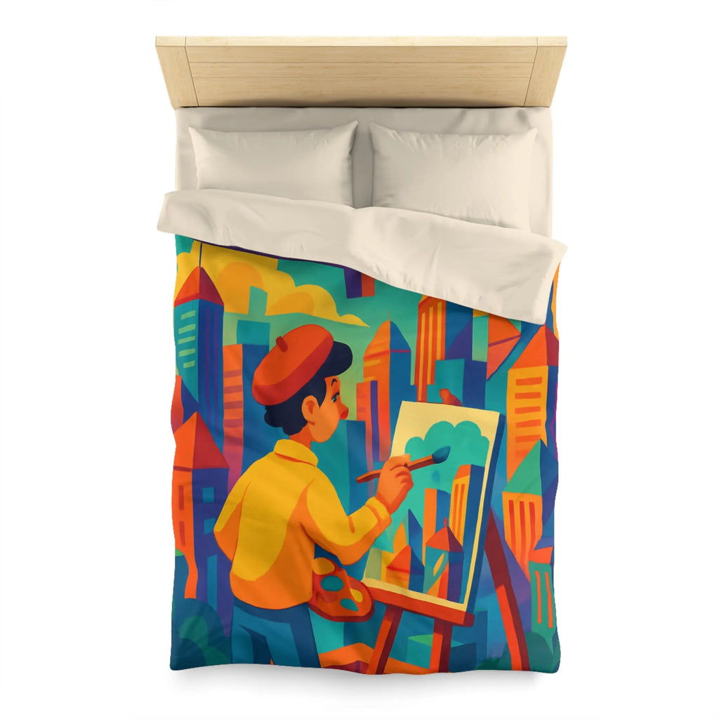 Housse de couette illustrée avec artiste et paysage urbain aux couleurs vibrantes