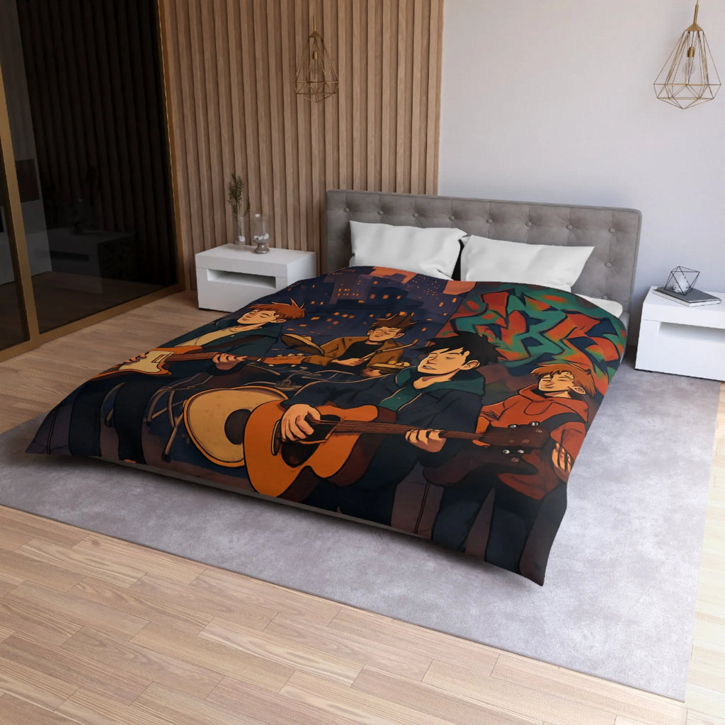 Housse de couette avec illustration de groupe jouant sur toit urbain au crépuscule